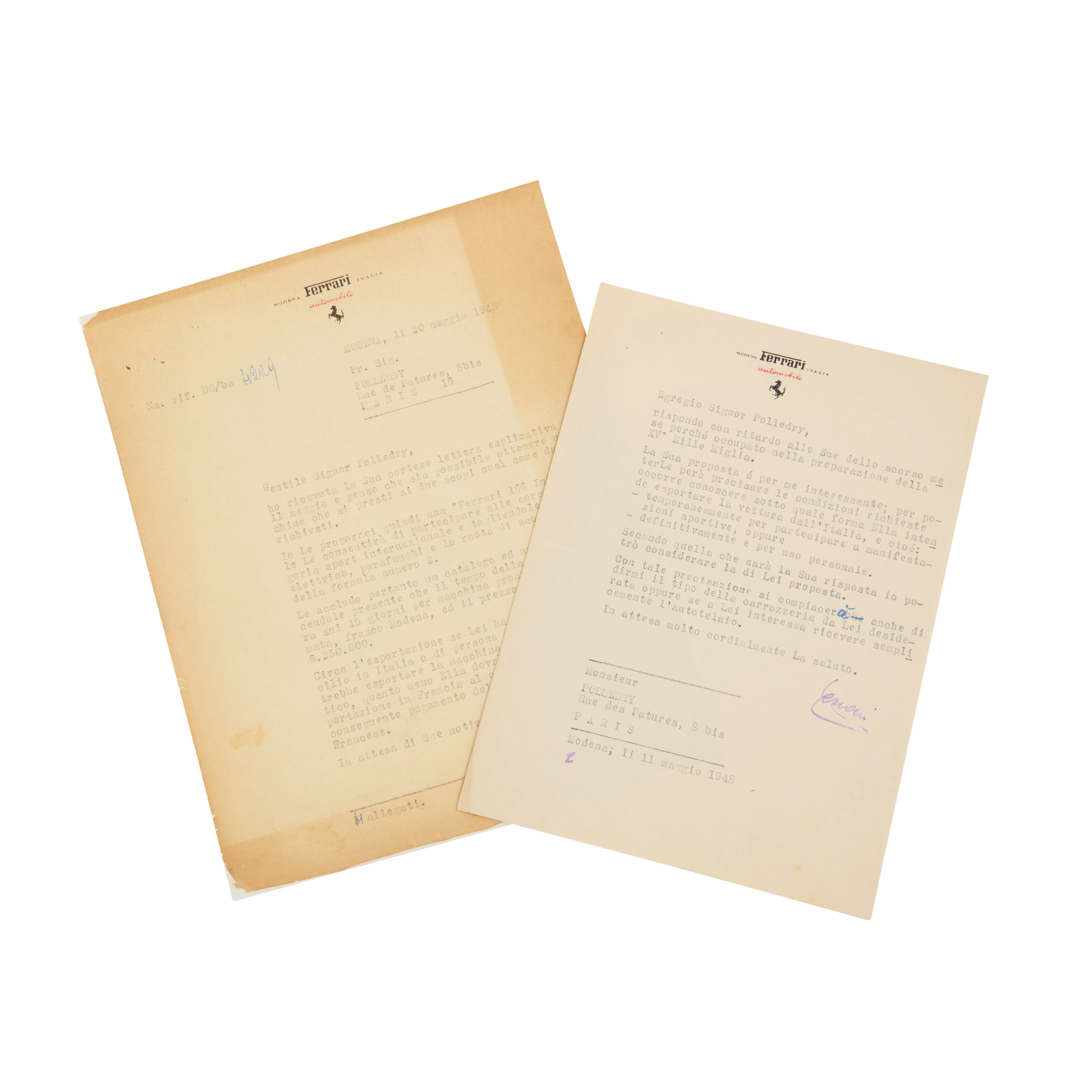 Letters negotiating the sale of the iconic Ferrari 166 Spyder Corsa