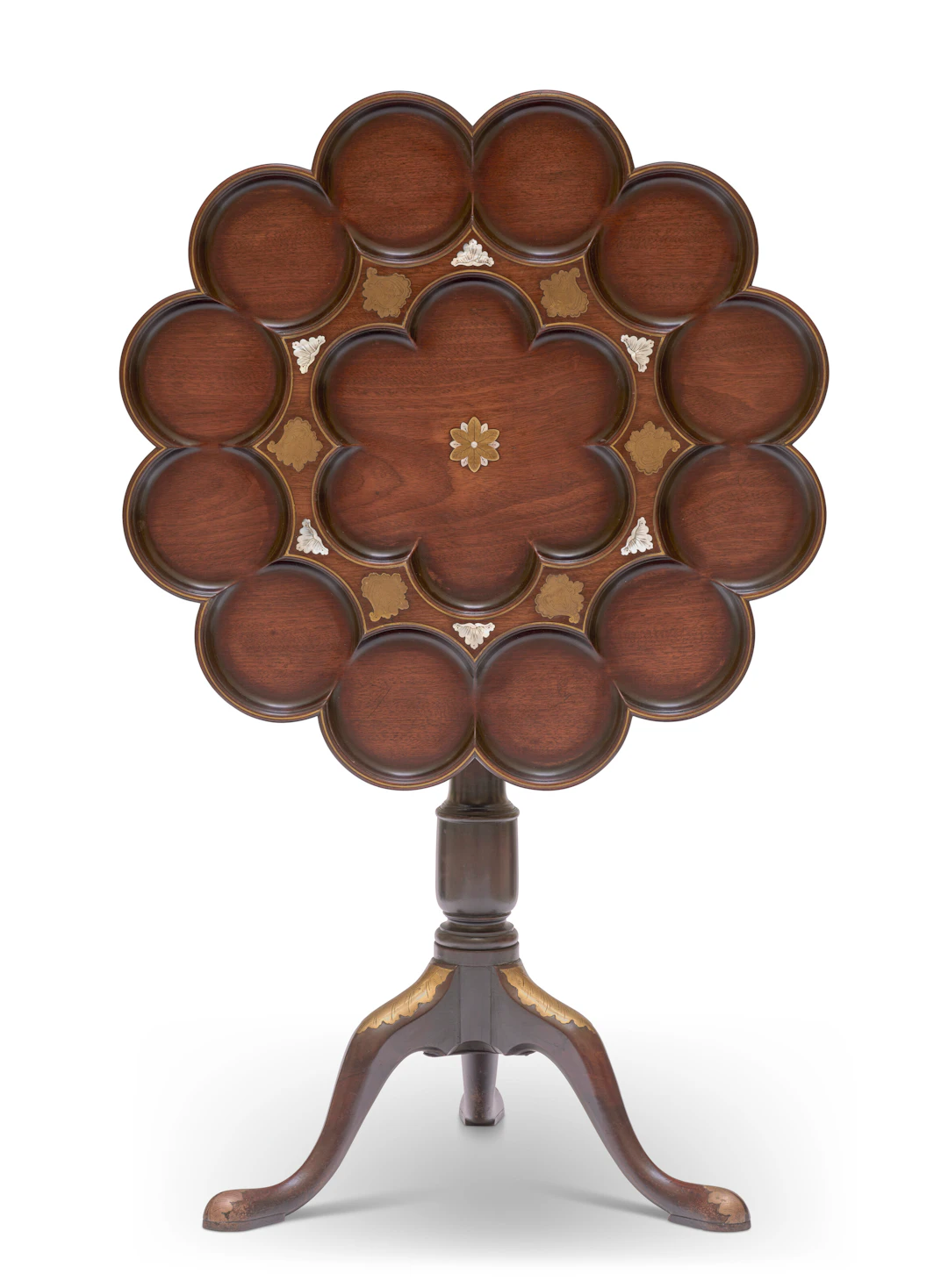 A George Ii Brass and Mother-Of-Pearl Inlaid Mahogany Tripod Table
