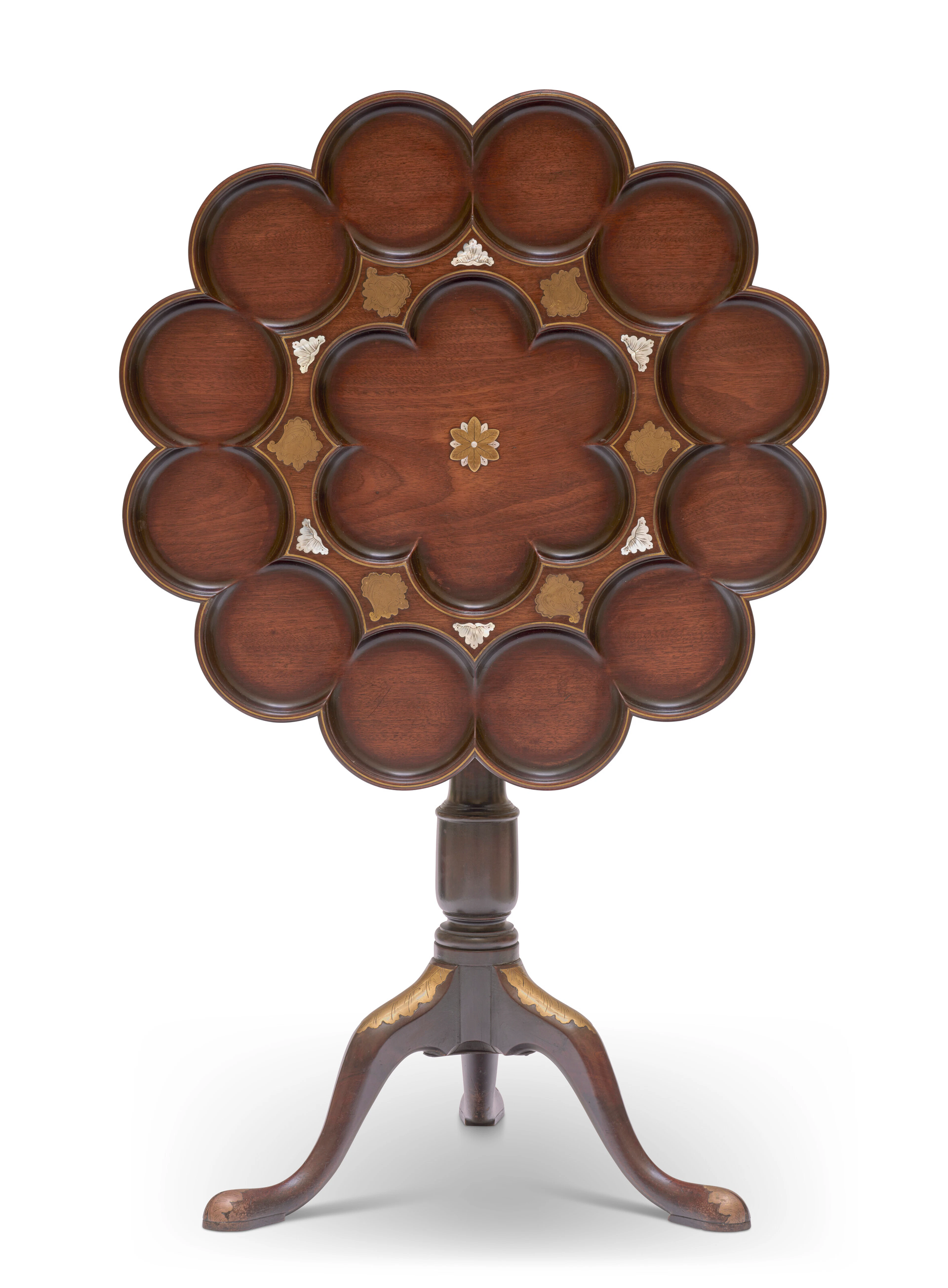 A George Ii Brass and Mother-Of-Pearl Inlaid Mahogany Tripod Table