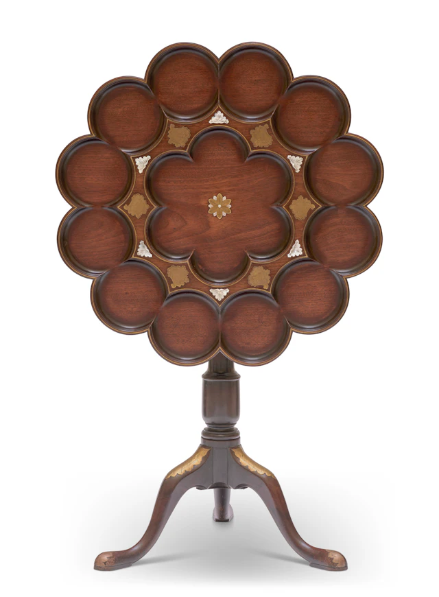 A George Ii Brass and Mother-Of-Pearl Inlaid Mahogany Tripod Table