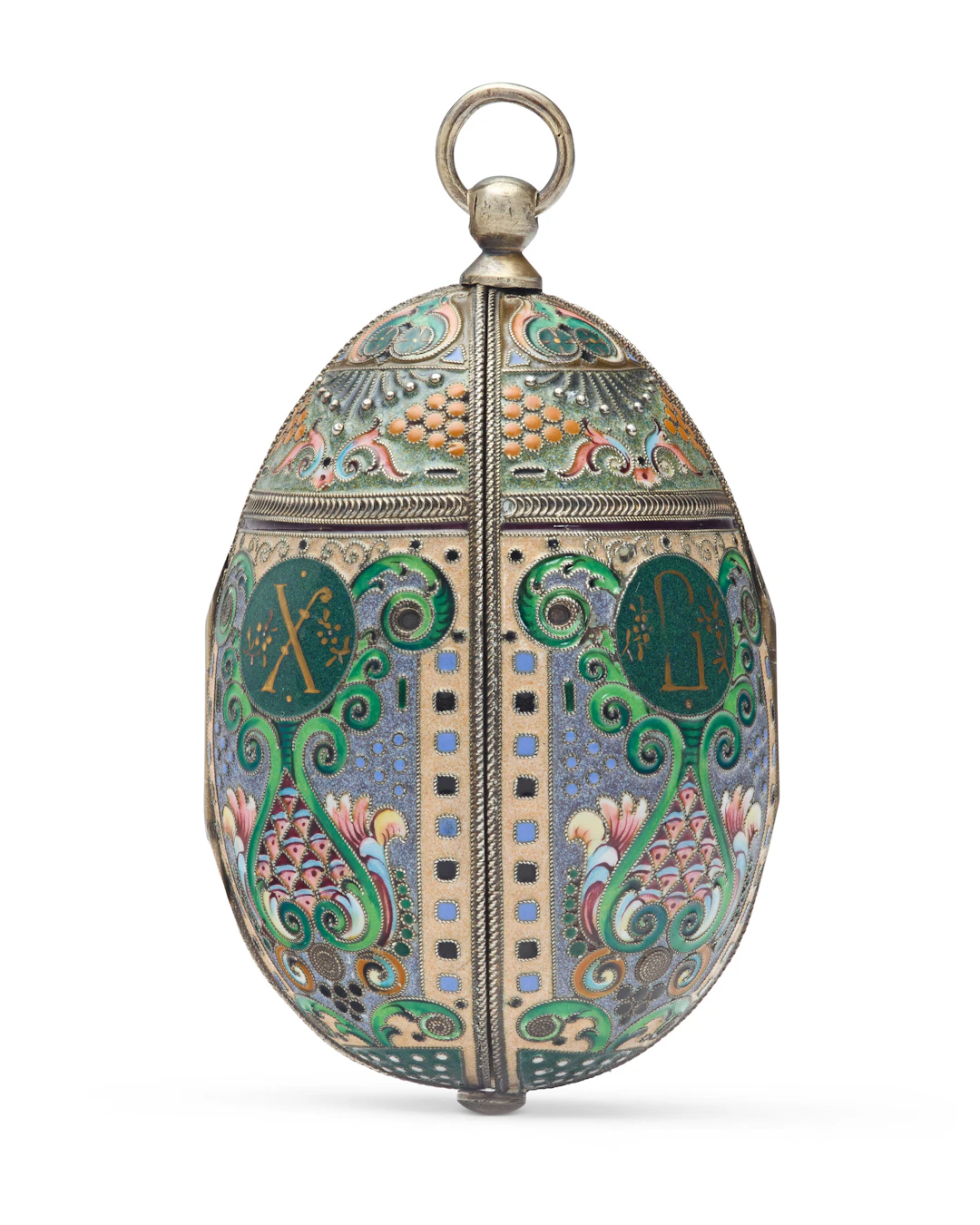 A Russian Silver-Gilt and Cloisonné Enamel Triptych Easter Egg