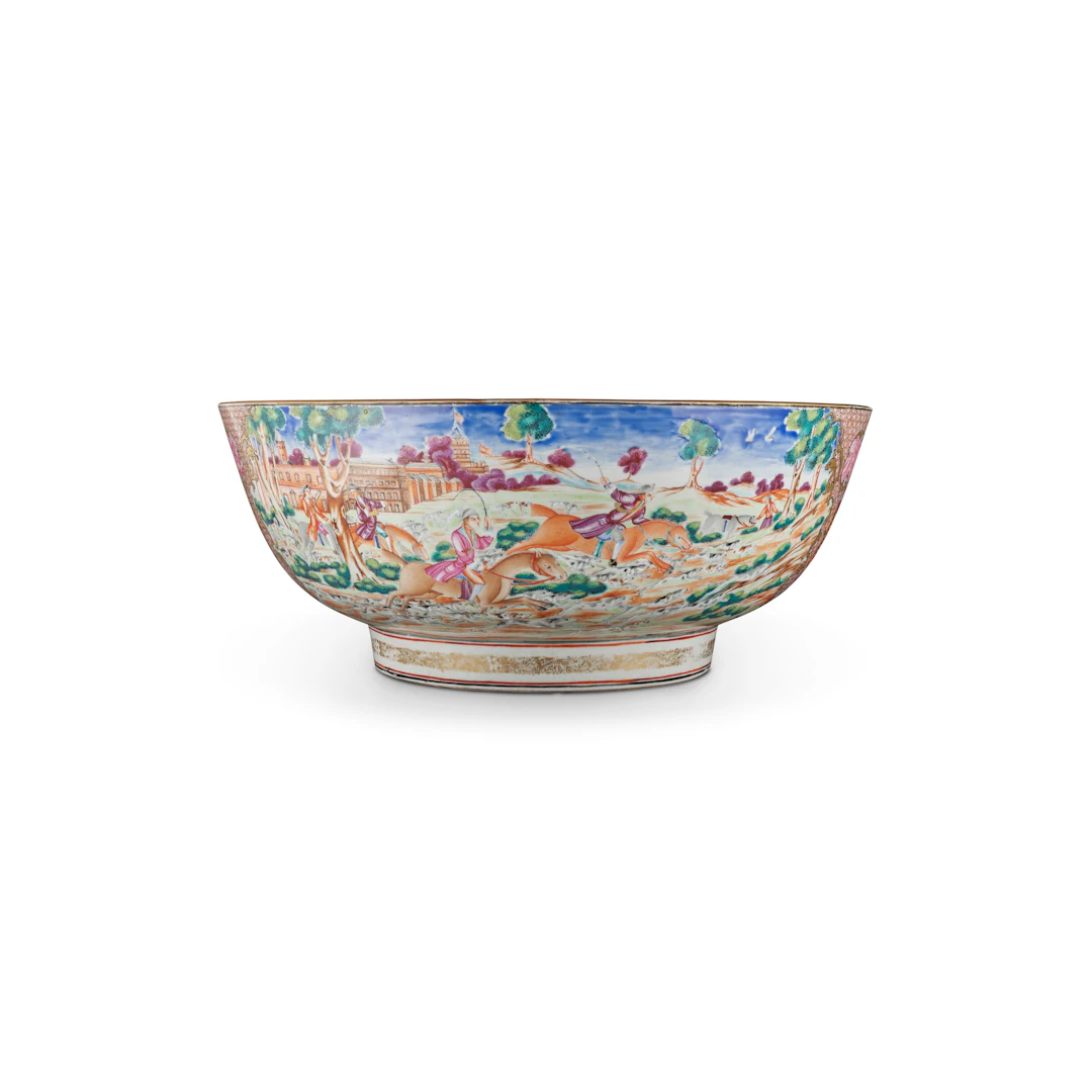 A Large Chinese Export Porcelain Famille Rose 'Hunting' Punch Bowl