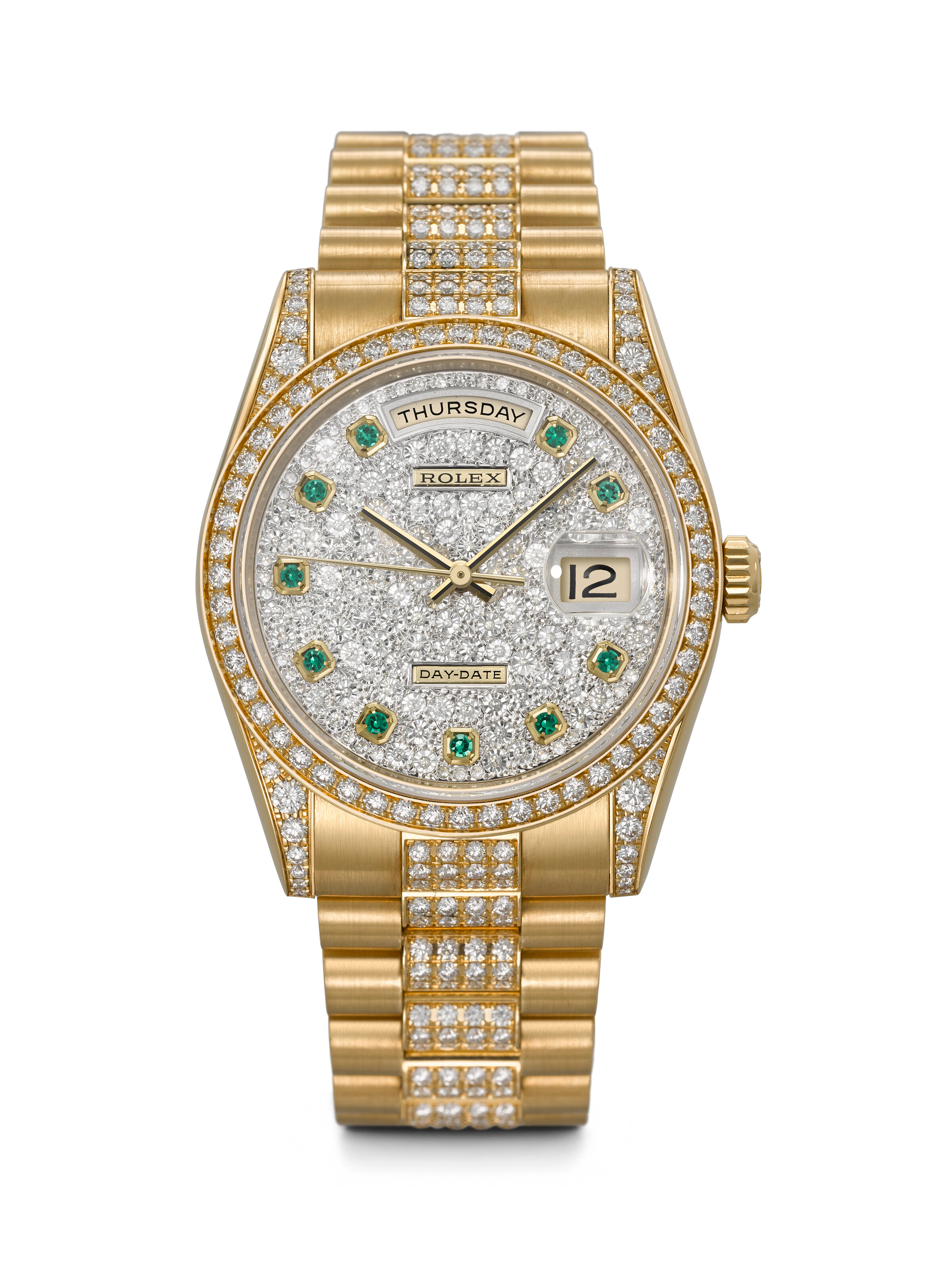 ROLEX. A RARE AND DAZZLING 18K GOLD, DIAMOND AND EMERALD-SET AUTOMATIC