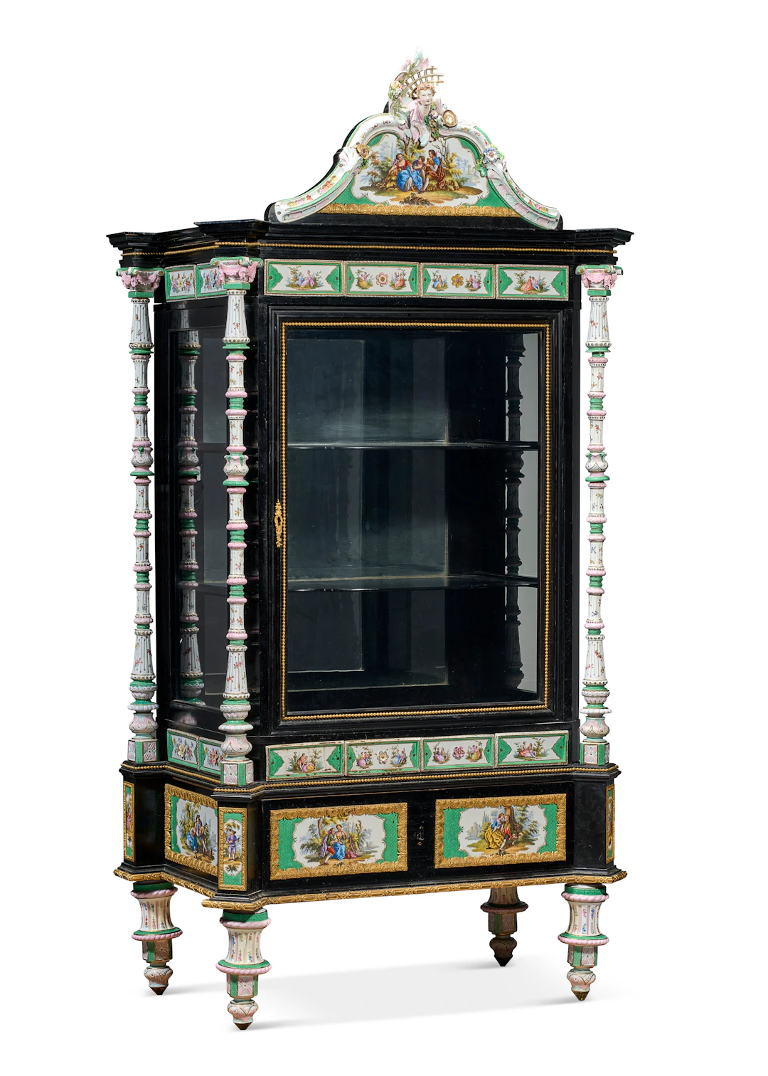 A German Ormolu and Green-Ground Porcelain-Mounted Ebonized Vitrine