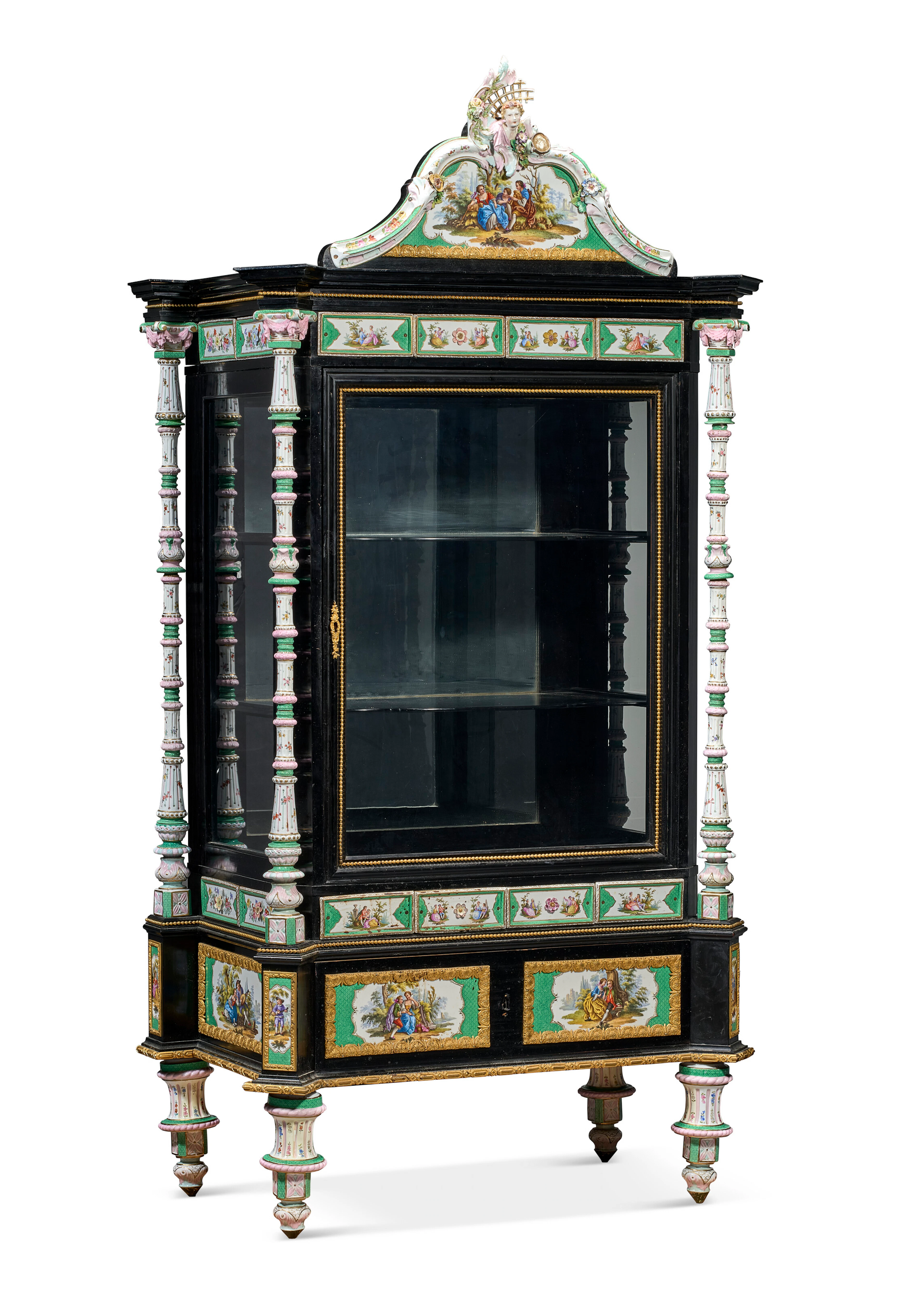 A German Ormolu and Green-Ground Porcelain-Mounted Ebonized Vitrine