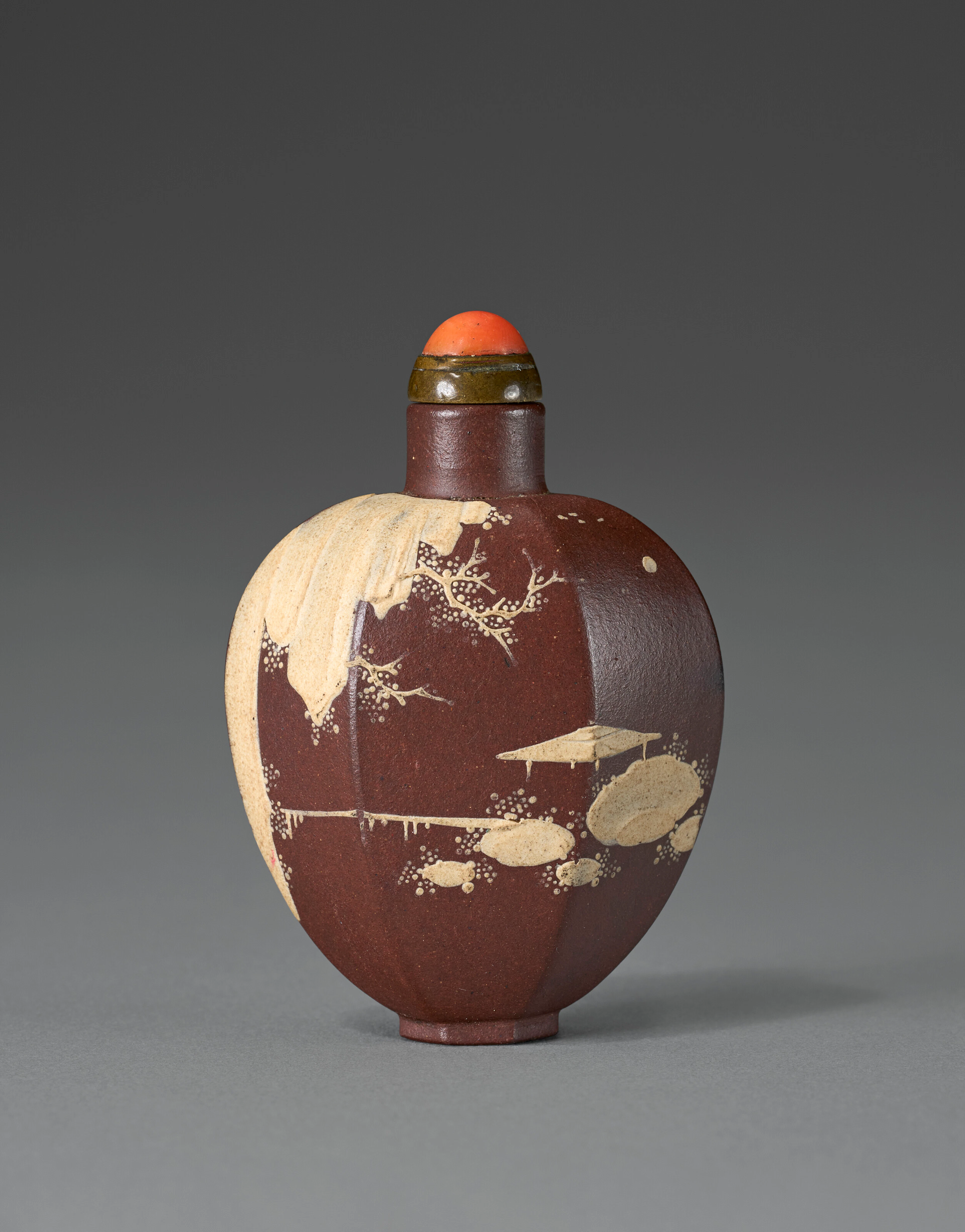 A Rare and Superb Slip-Decorated Brown Stoneware Hexagonal Snuff Bottle
