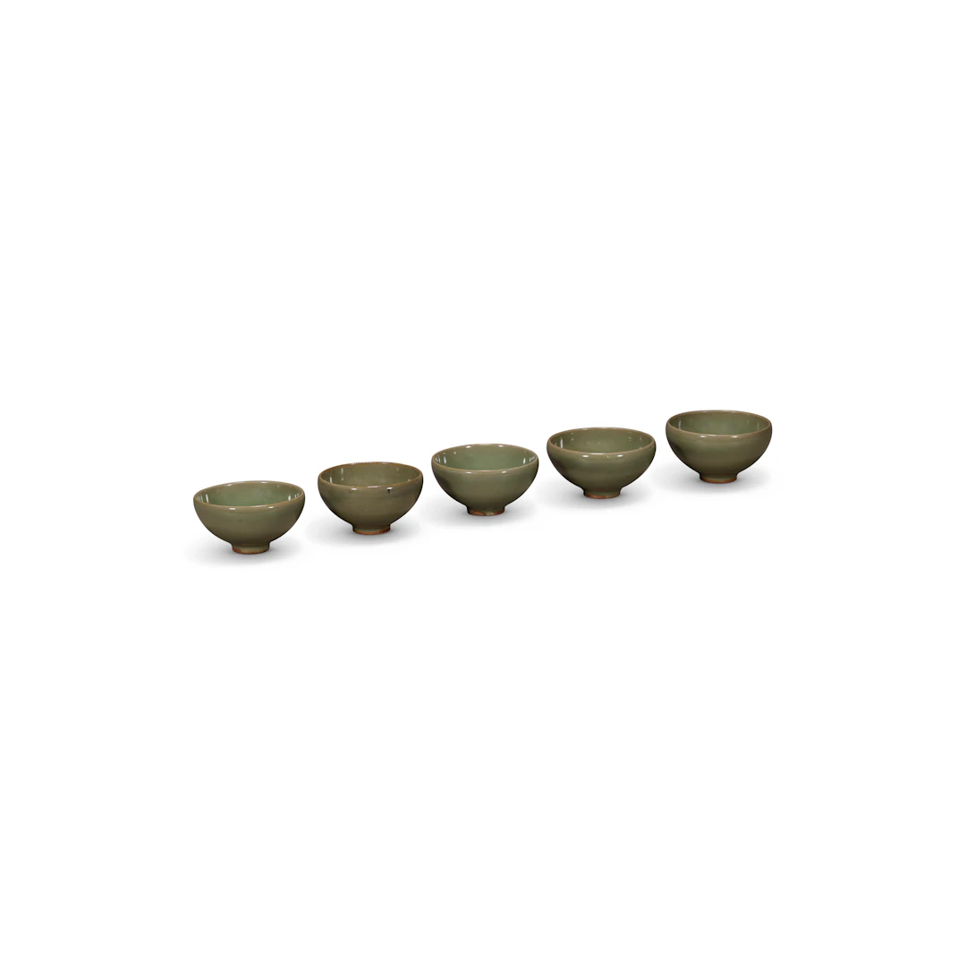 A Group of Five Jun Green-Glazed Tea Bowls