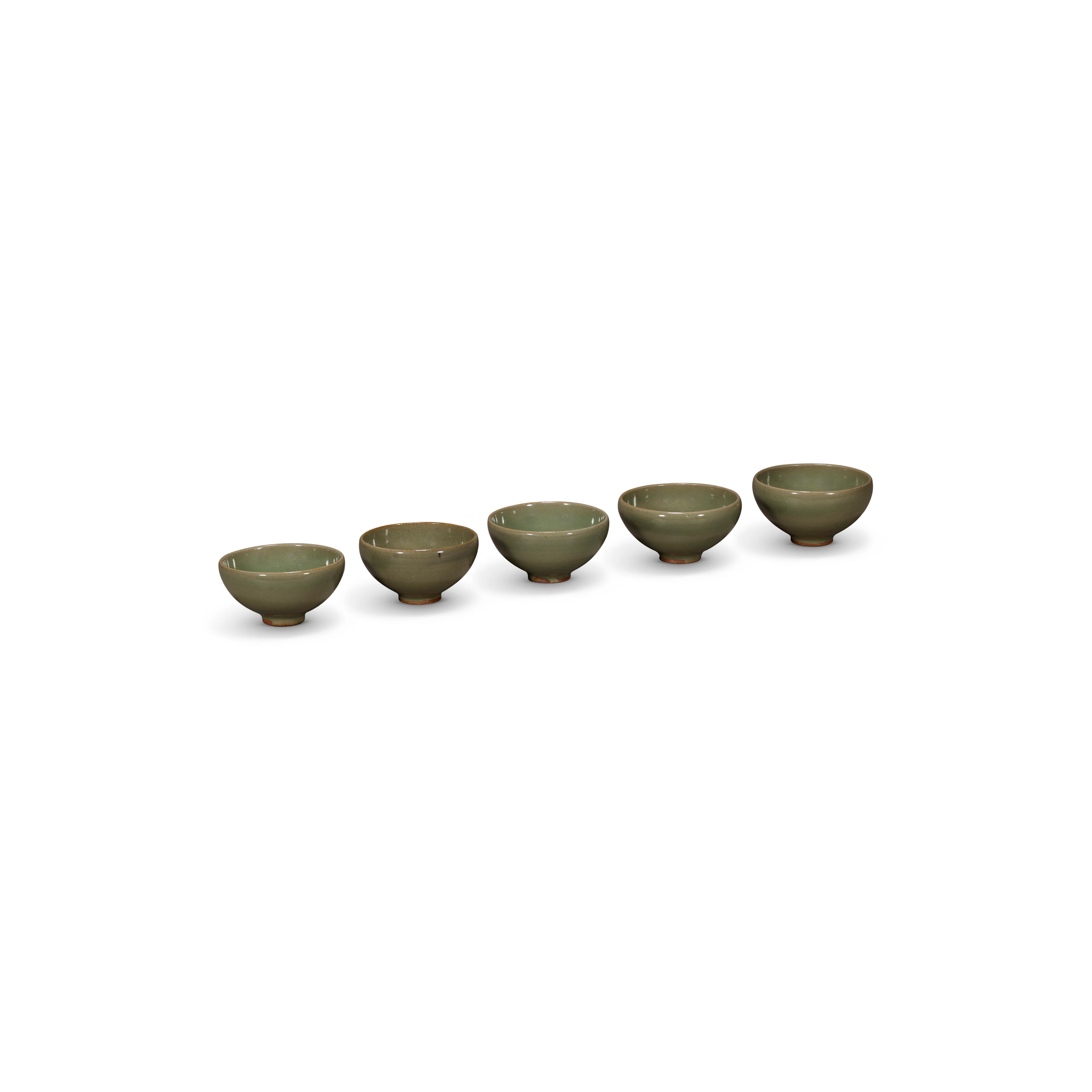 A Group of Five Jun Green-Glazed Tea Bowls