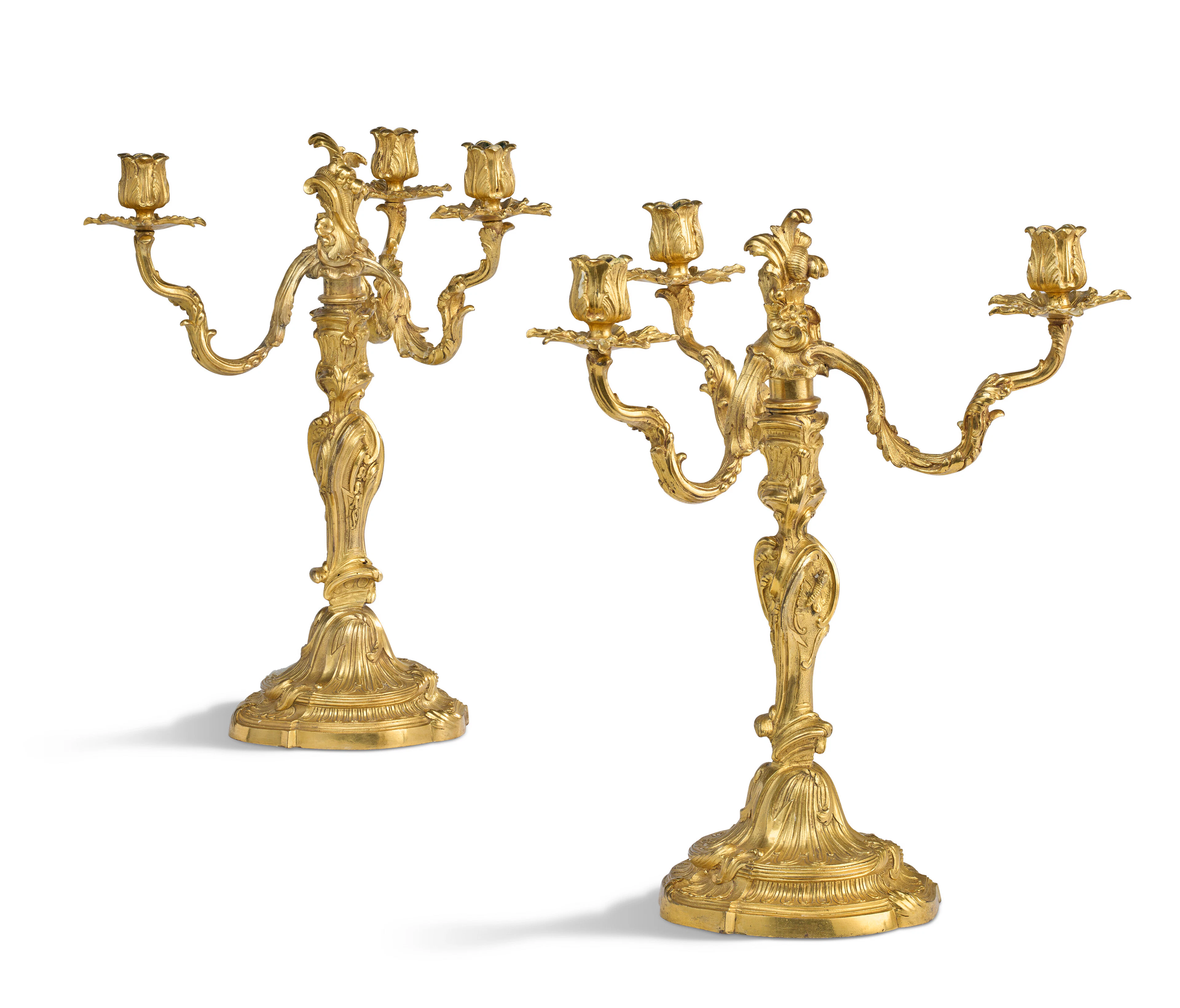 A Pair of Louis Xv Ormolu Three-Light Candelabra