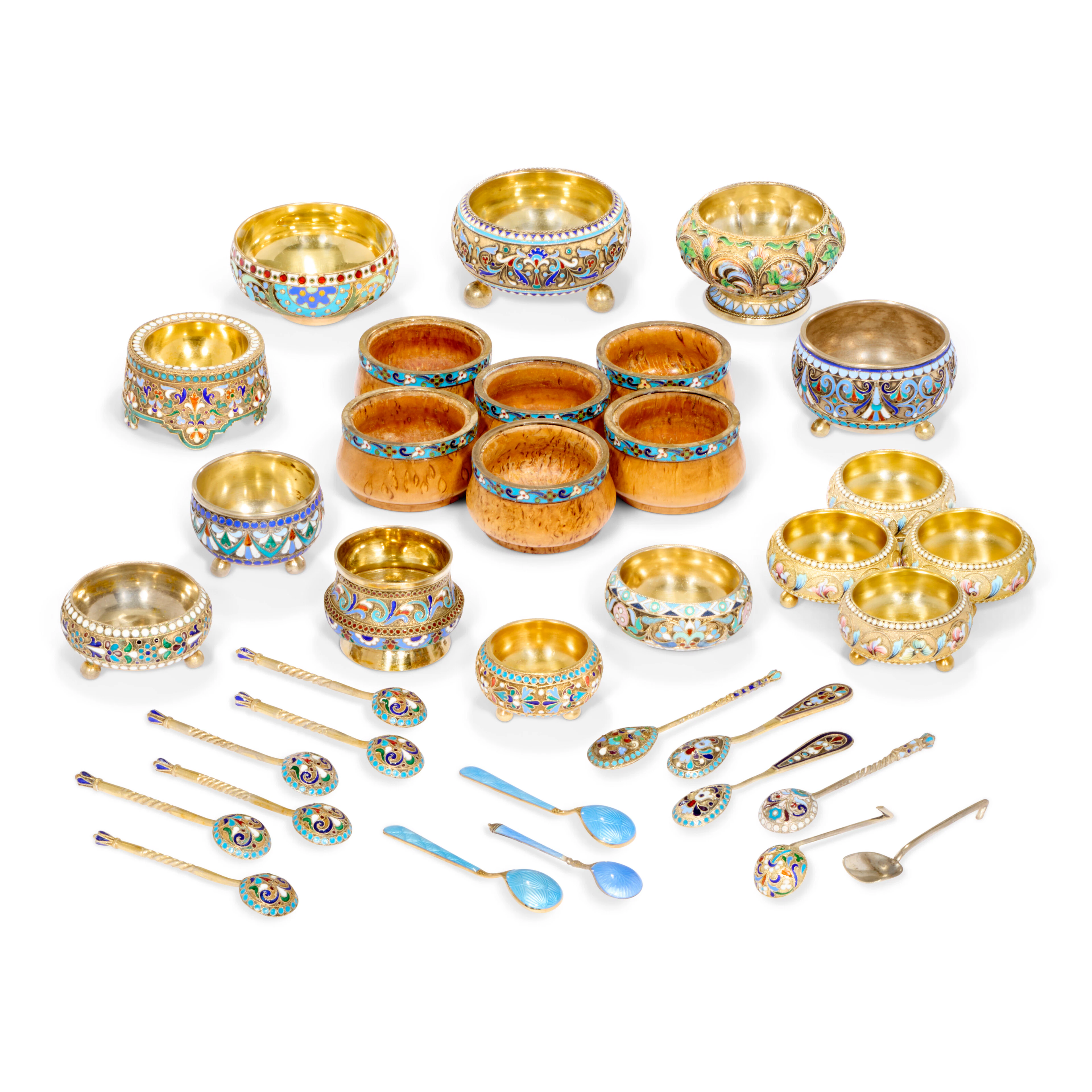 A Group of Twenty Russian Cloisonné Enamel Silver-Gilt and Wood Salt Cellars
