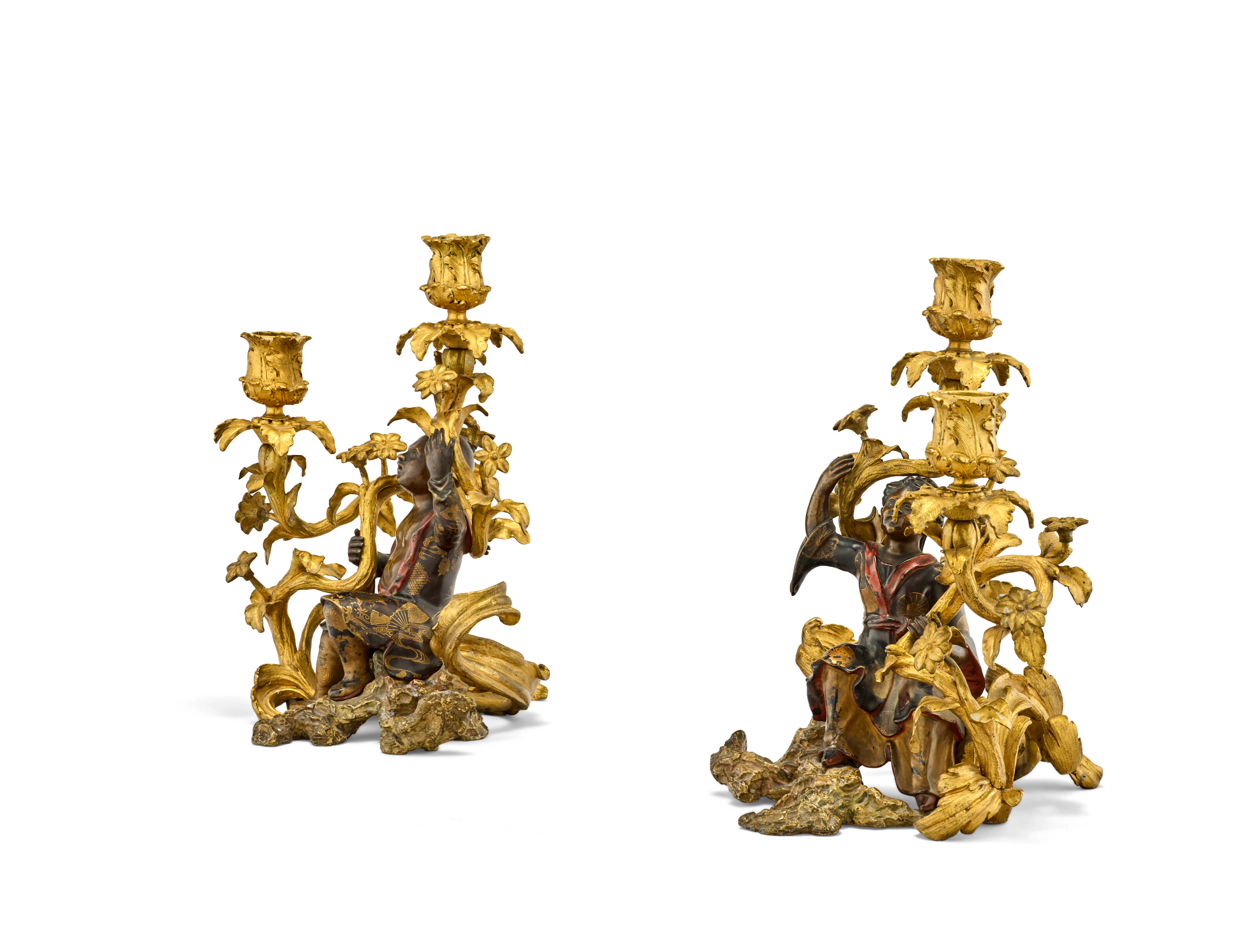 Paire De Candélabres Aux Chinois D'époque Louis Xv
