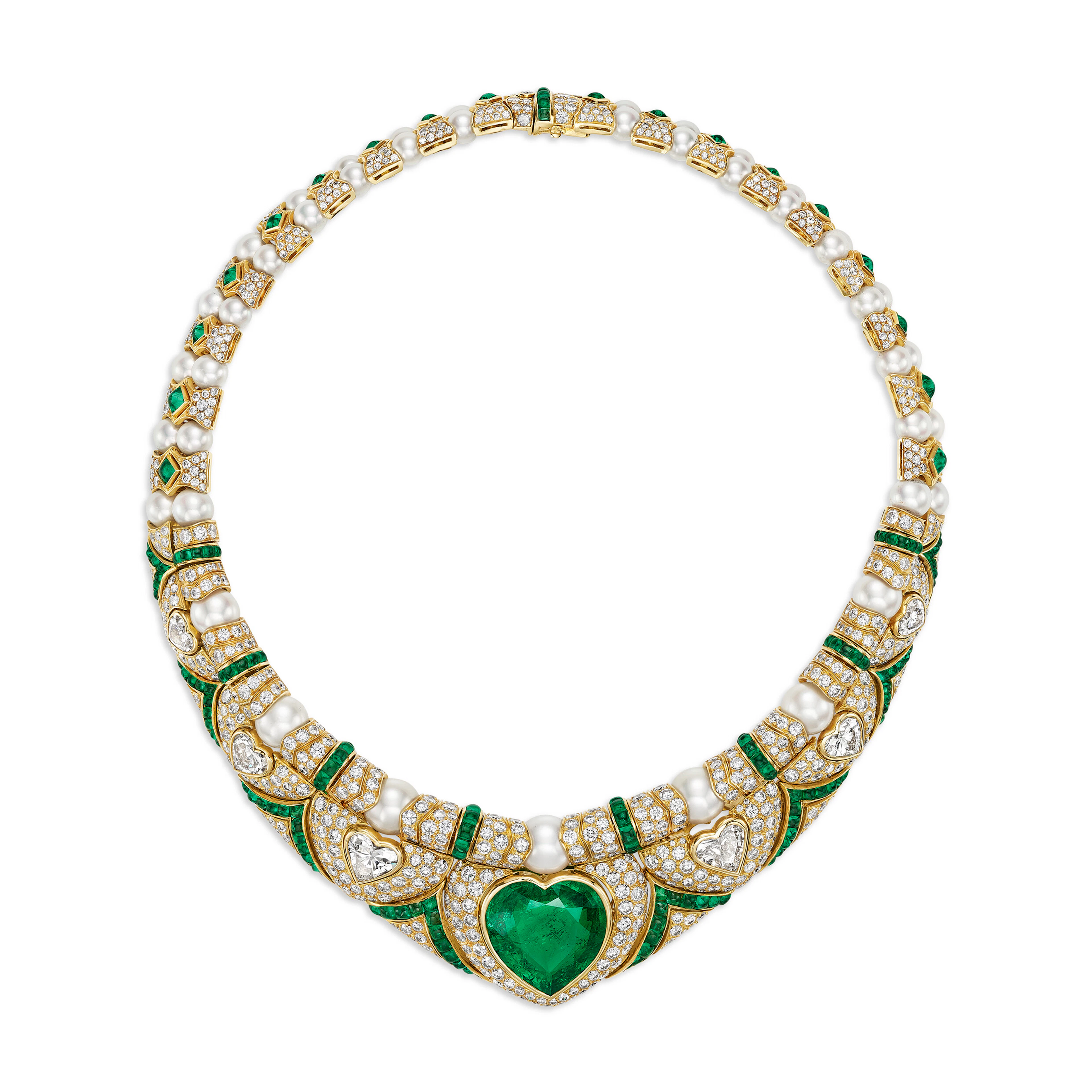 A SENSATIONAL BULGARI EMERALD, CULTURED PEARL AND DIAMOND NECKLACE