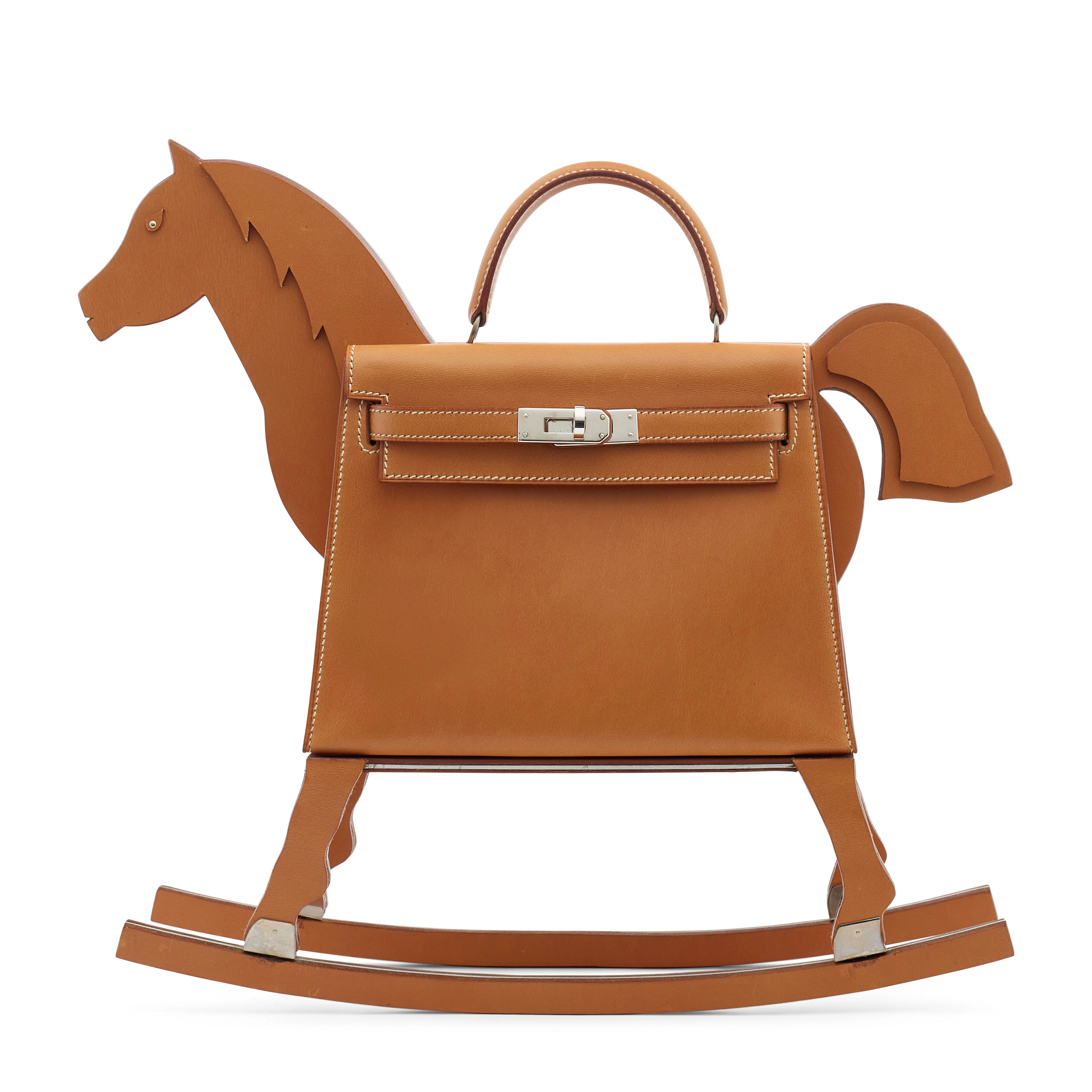 A RARE, VACHE NATURELLE LEATHER ROCKING HORSE KELLY WITH PALLADIUM HARDWARE