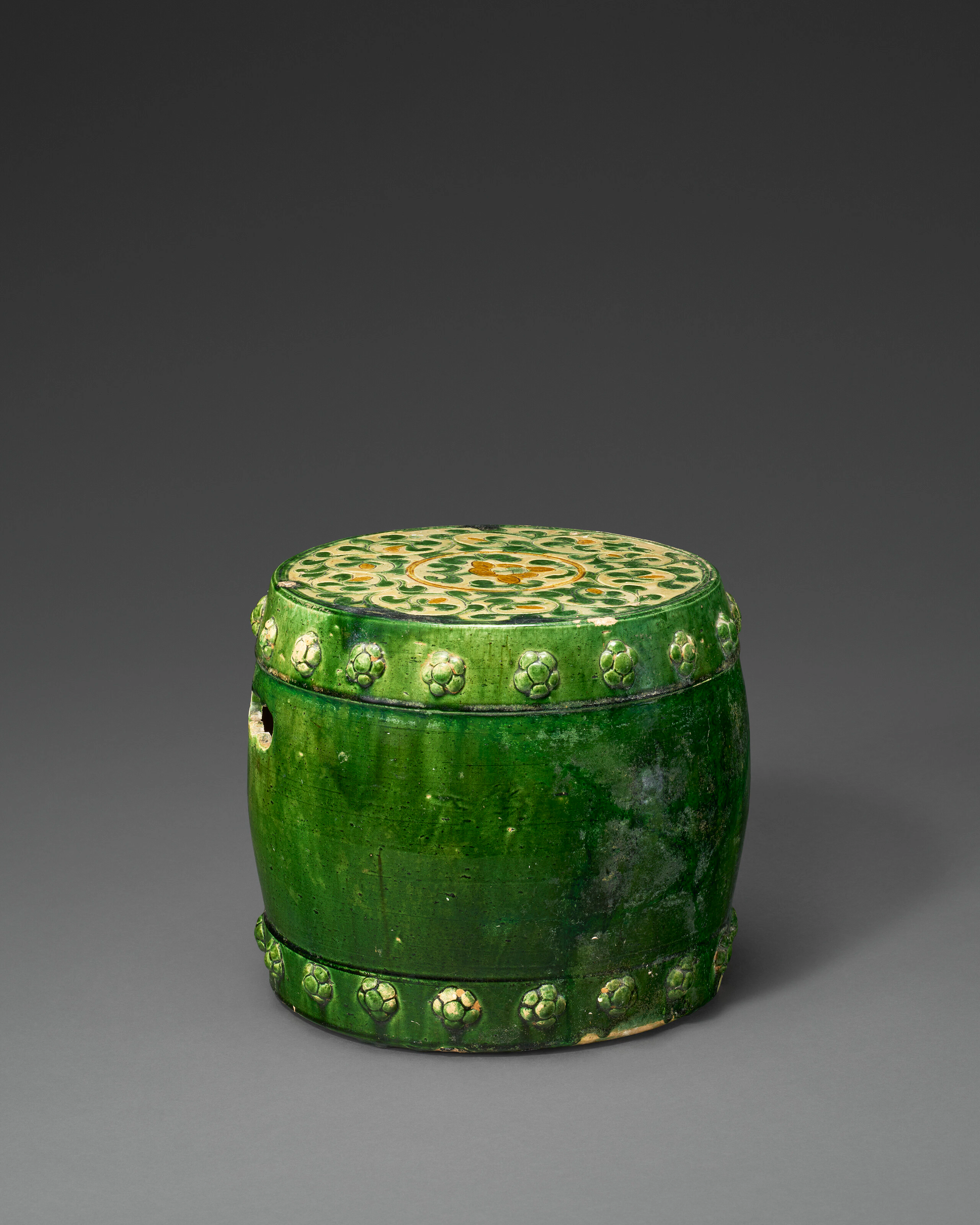A Rare and Unusual Sancai -Glazed Pottery Drum-Form 'Floral' Garden Stool