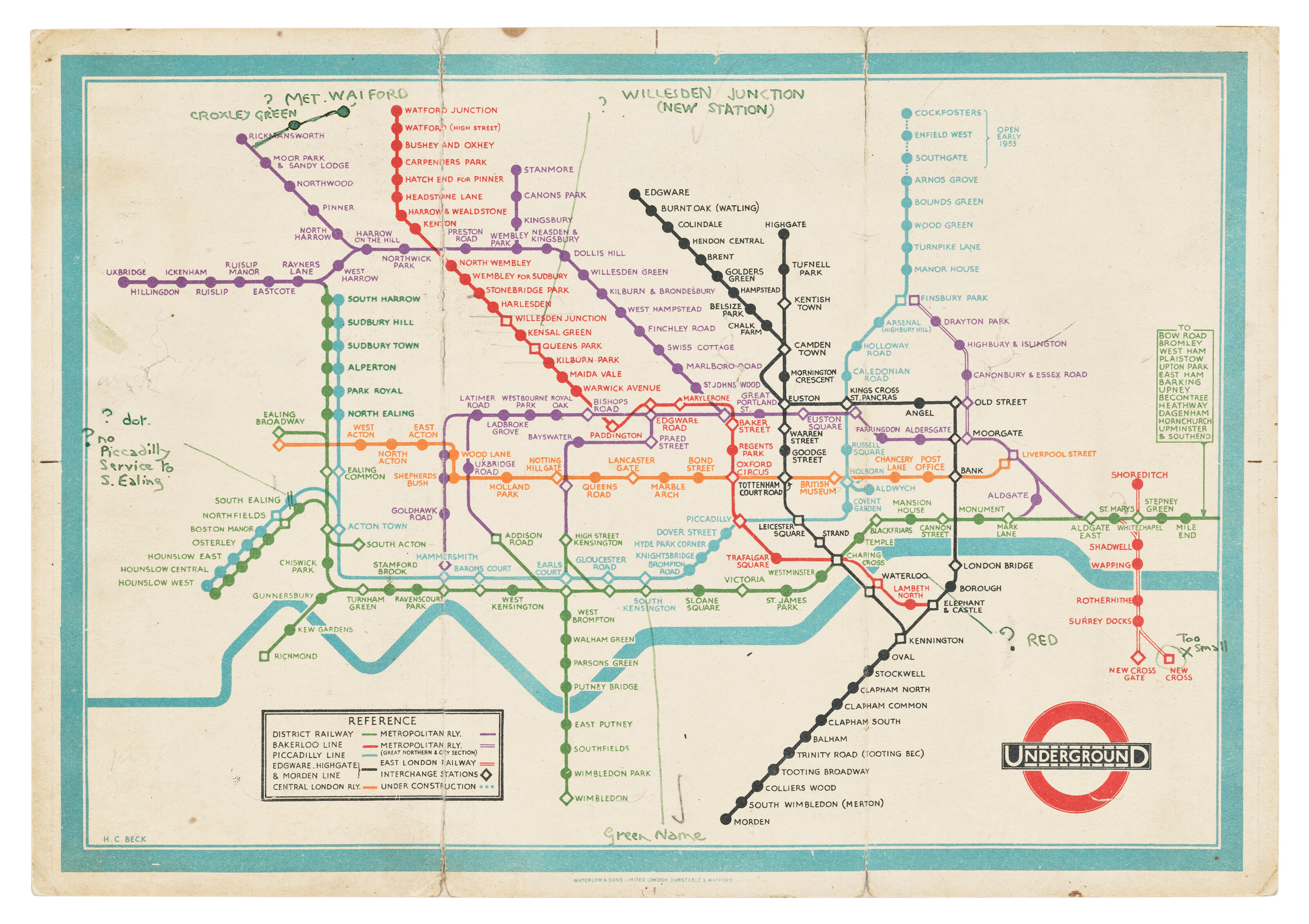 The designer's own annotated copy of the London Underground Map