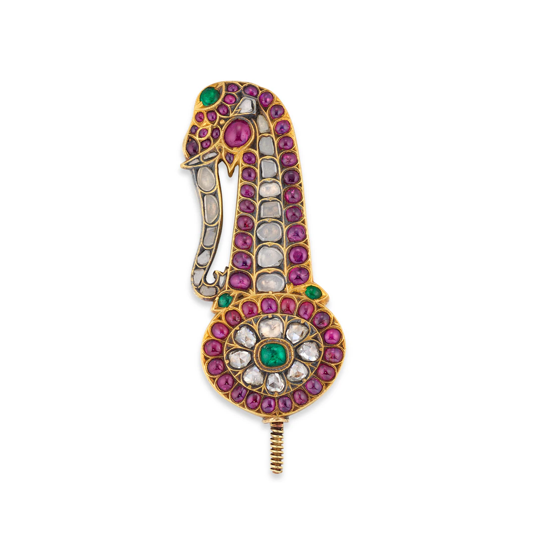 An Elephant-Shaped Ruby, Diamond and Emerald Turban Ornament (Jigha)