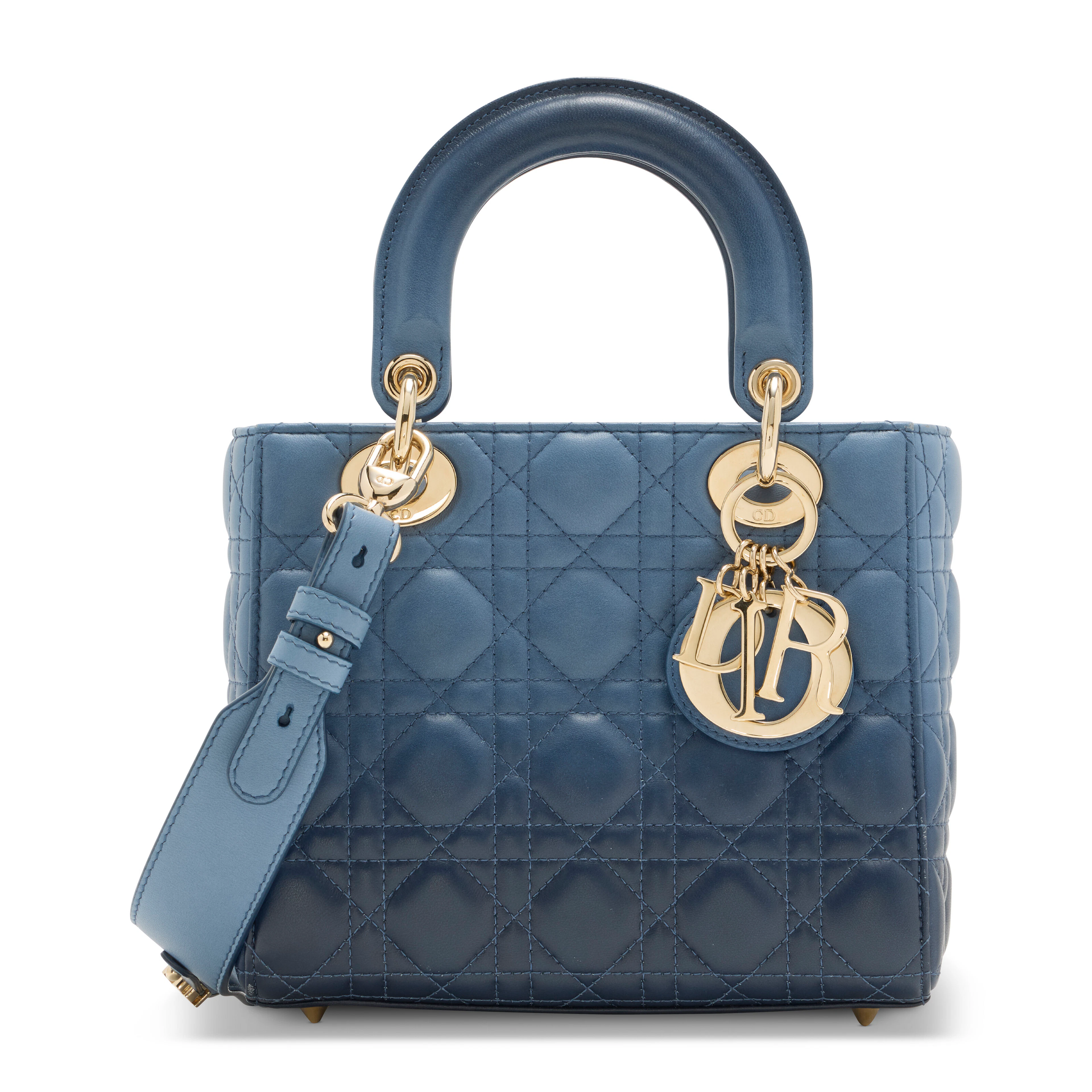 A Gradient Blue Lambskin Leather Small Lady Dior with Silver Hardware