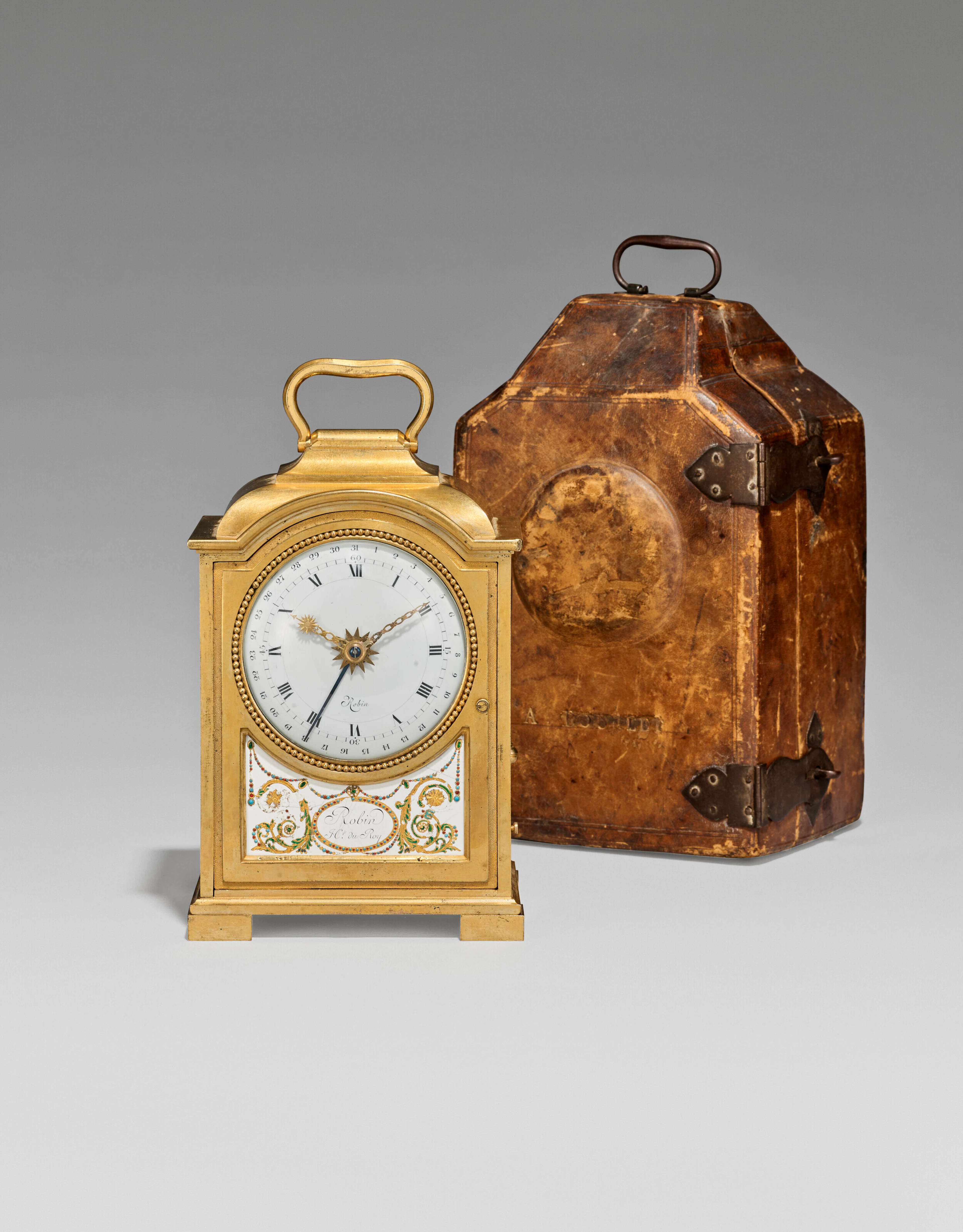 A French Gilt-Bronze and Enamel Travelling Clock with...