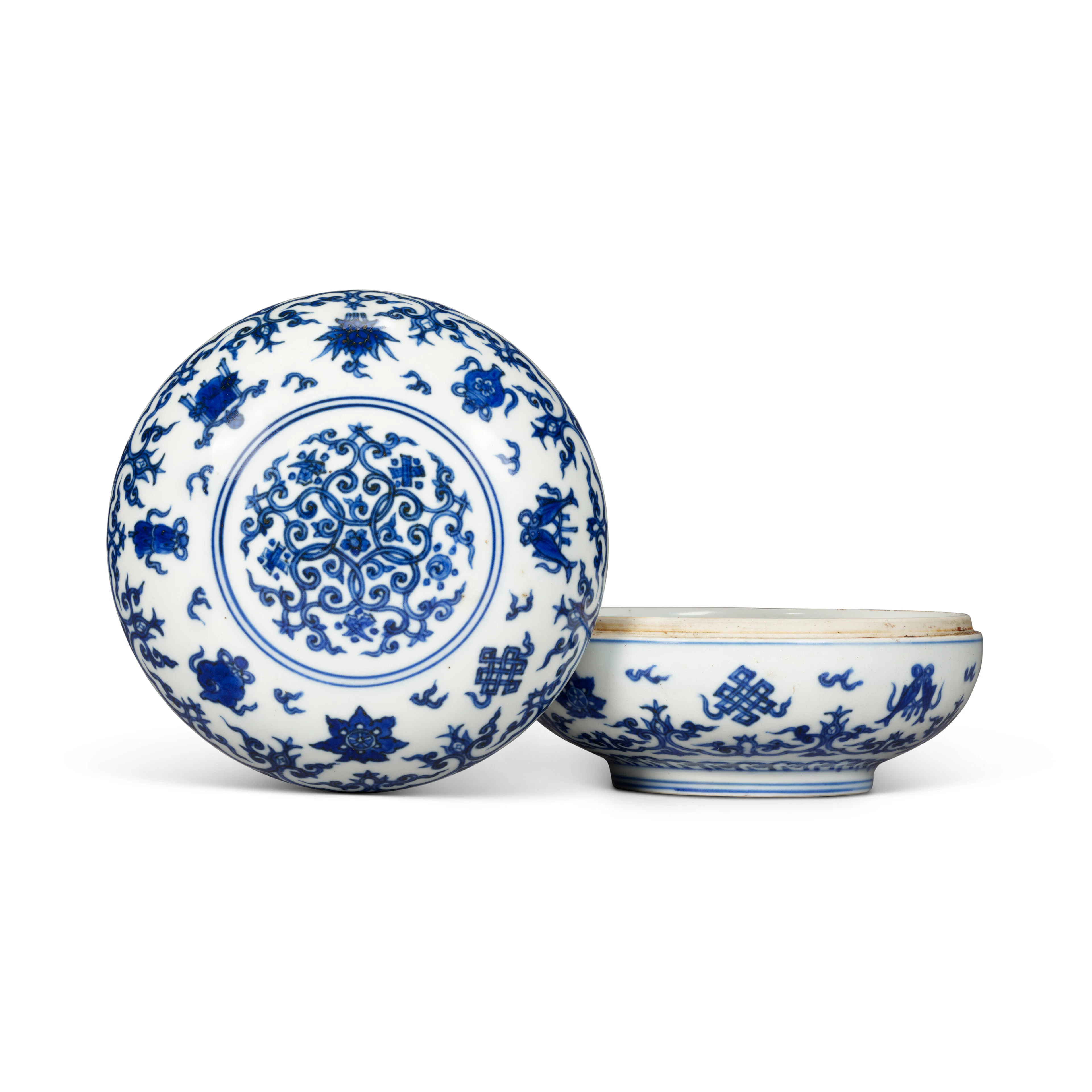 A Rare Blue and White 'Eight Buddhist Emblems' Box and Cover
