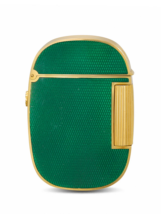PATEK PHILIPPE. AN EXTREMELY RARE AND ATTRACTIVE 18K GOLD AND ENAMEL LIGHTER