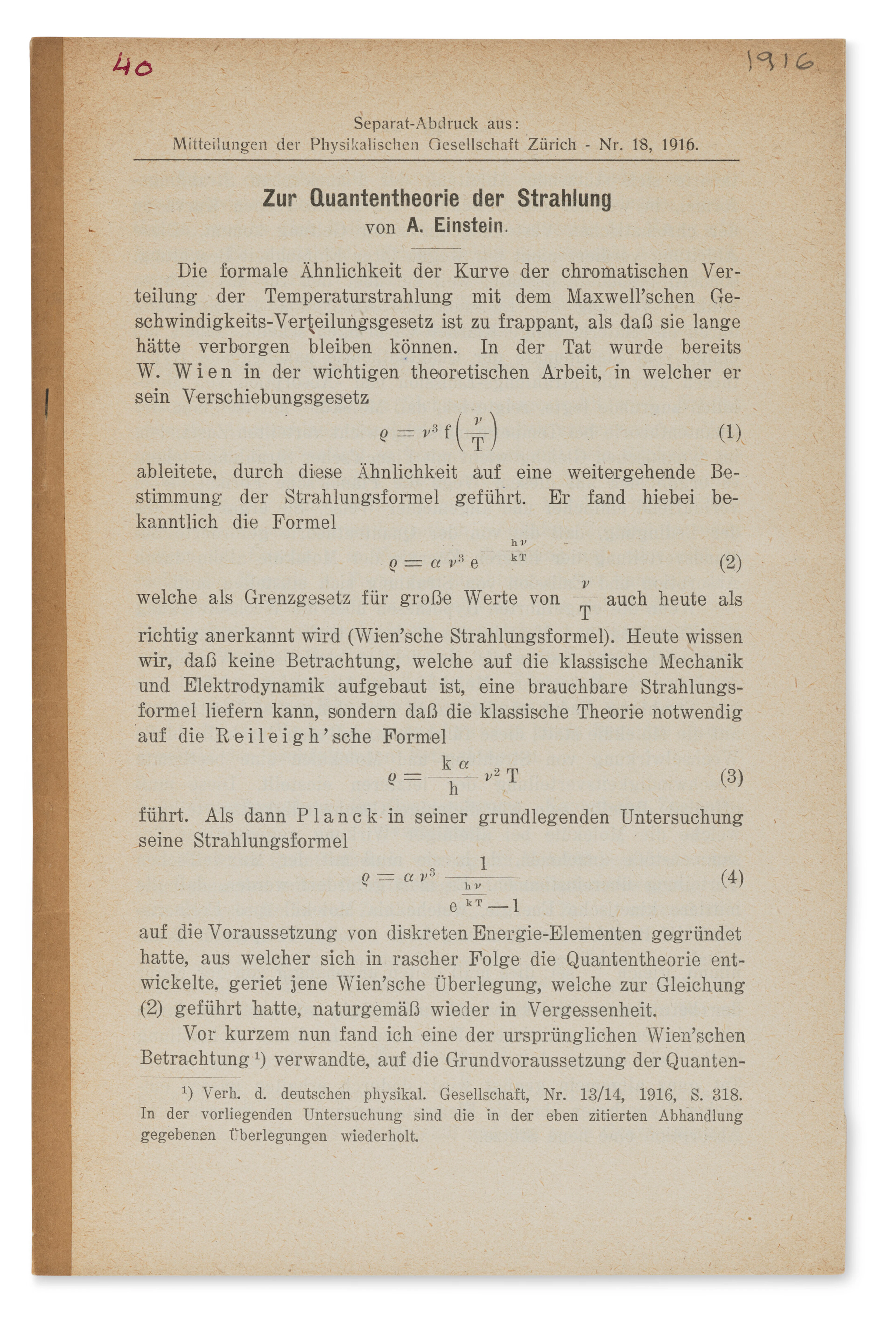 Zur Quantentheorie Der Strahlung, Offprint Issue