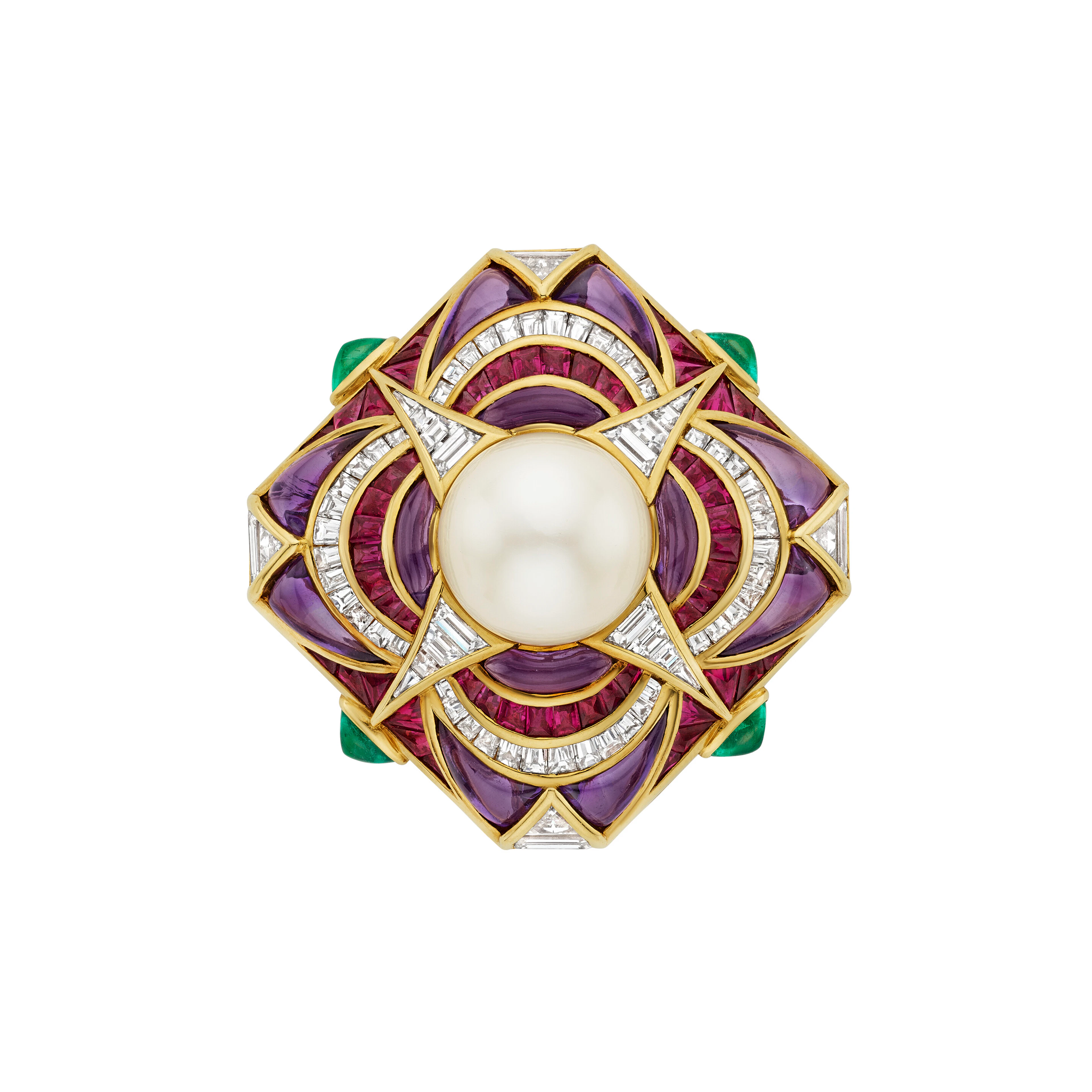 Bulgari Natural Pearl, Multi-Gem and Diamond 'Carré' Brooch