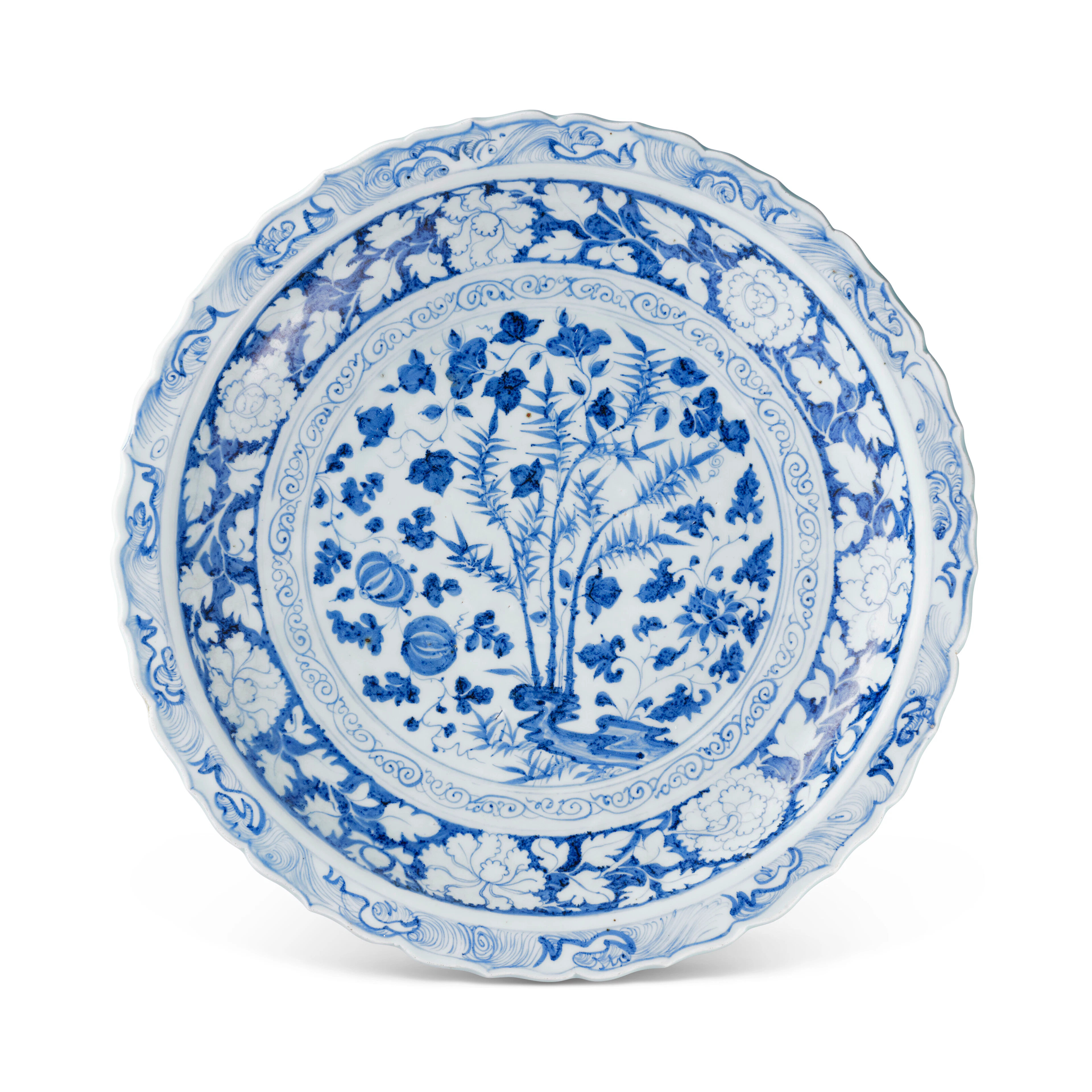 A Very Rare Large Blue and White ‘Melons, Bamboo, Flowers and Rock’
