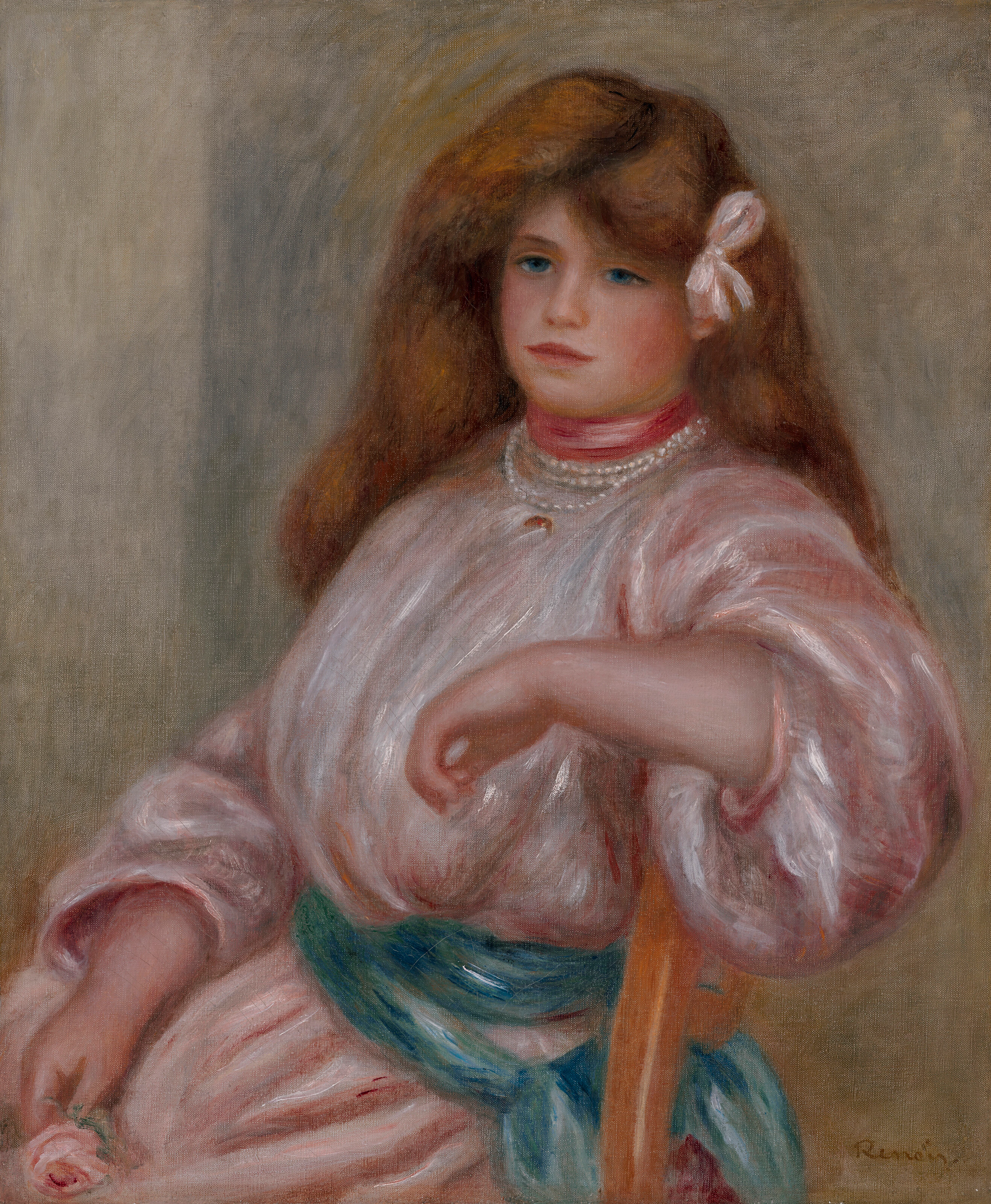 PIERRE-AUGUSTE RENOIR (1841-1919) Jeune fille assise tenant une rose