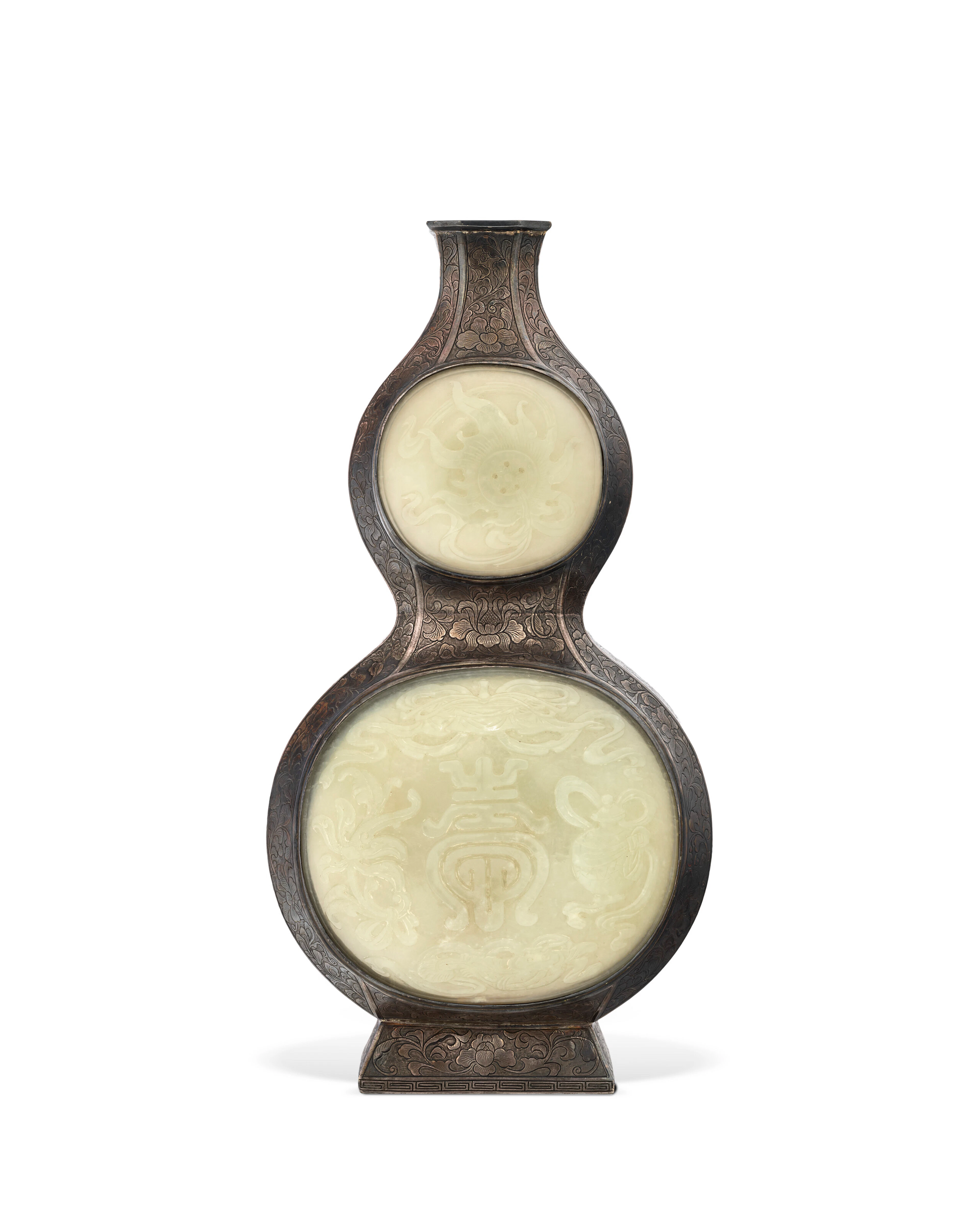 Vase Double Gourde En Argent Incrusté De Plaques En Jade Céladon Très Pâle