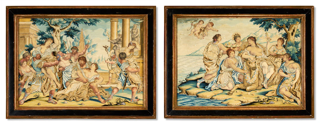 A Pair of North Italian Painted Silk and Metal Thread Embroidery Pictures