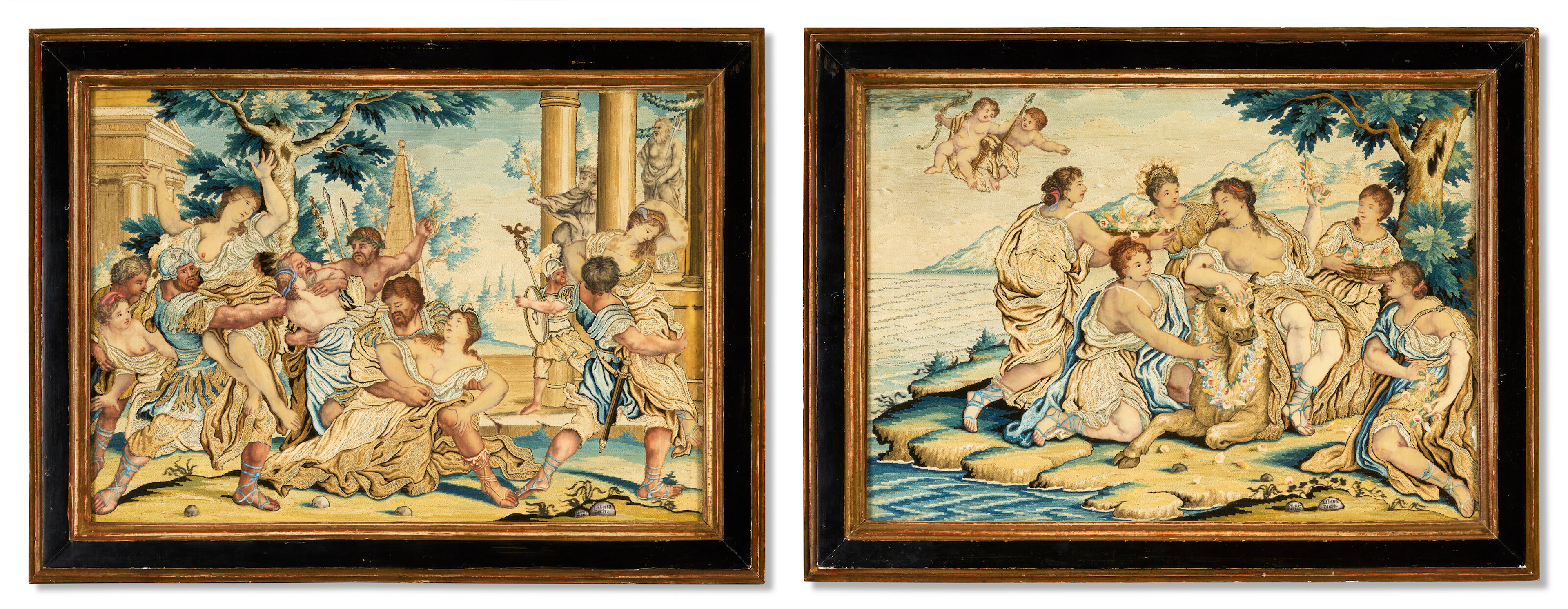 A Pair of North Italian Painted Silk and Metal Thread Embroidery Pictures