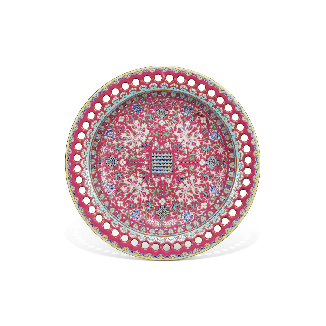 A Large Famille Rose Ruby-Ground Pierced Rim Dish