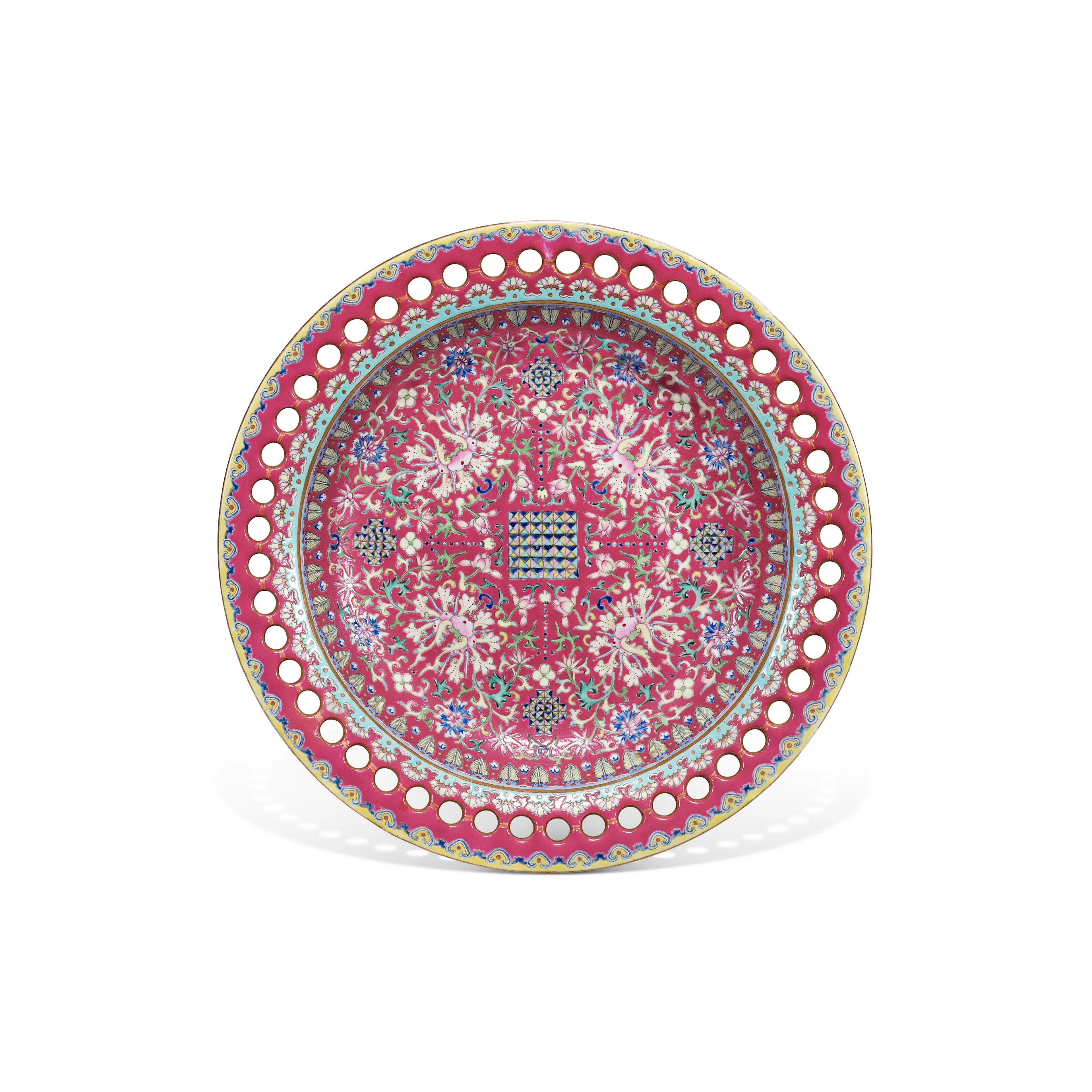 A Large Famille Rose Ruby-Ground Pierced Rim Dish