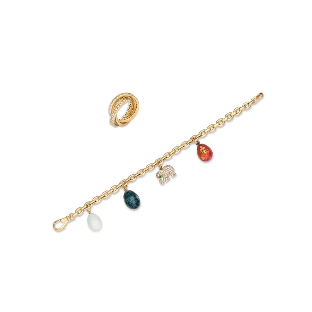 Cartier Diamond Ring and Bracelet, with Three Enamel Egg Charms