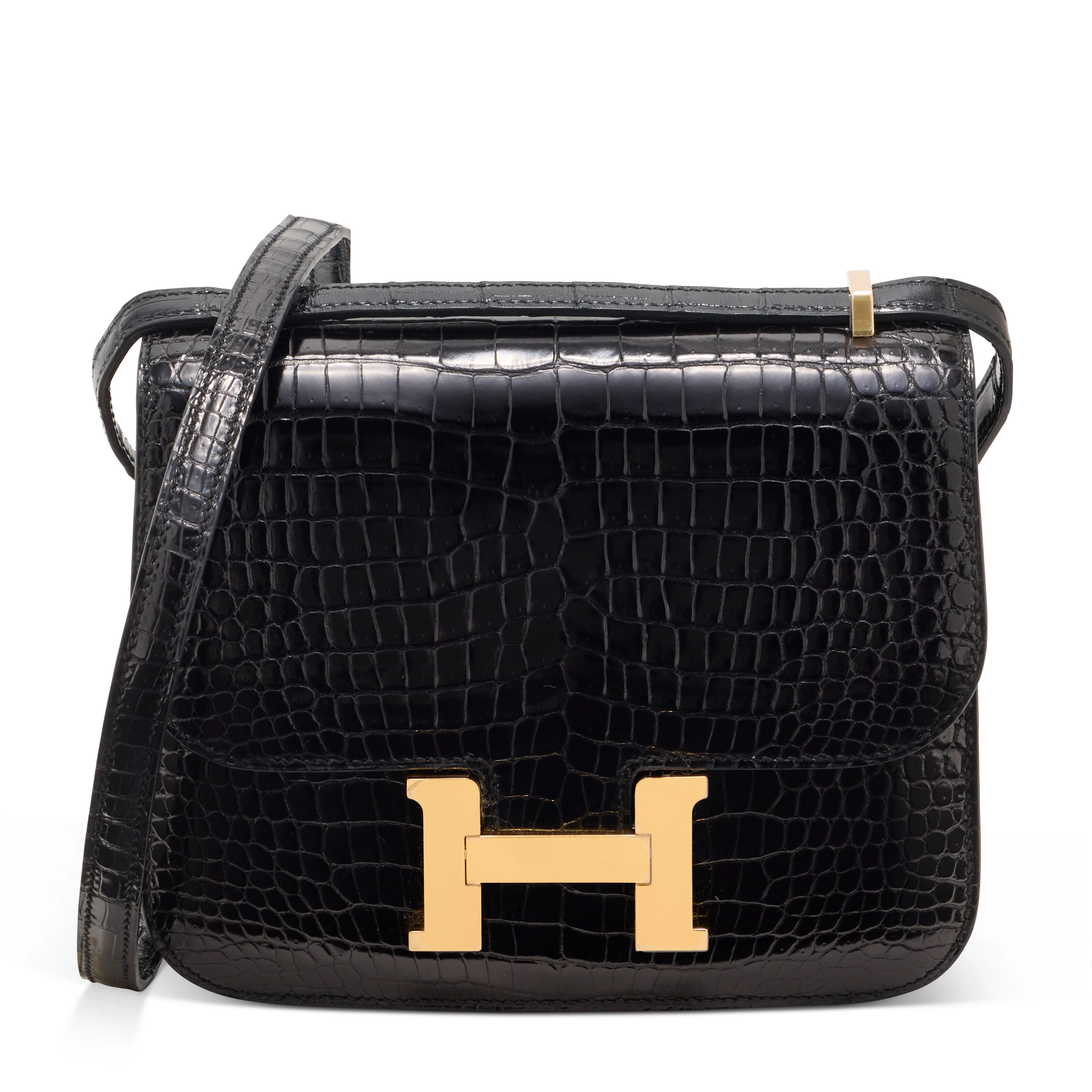 A SHINY BLACK POROSUS CROCODILE MINI CONSTANCE WITH GOLD HARDWARE