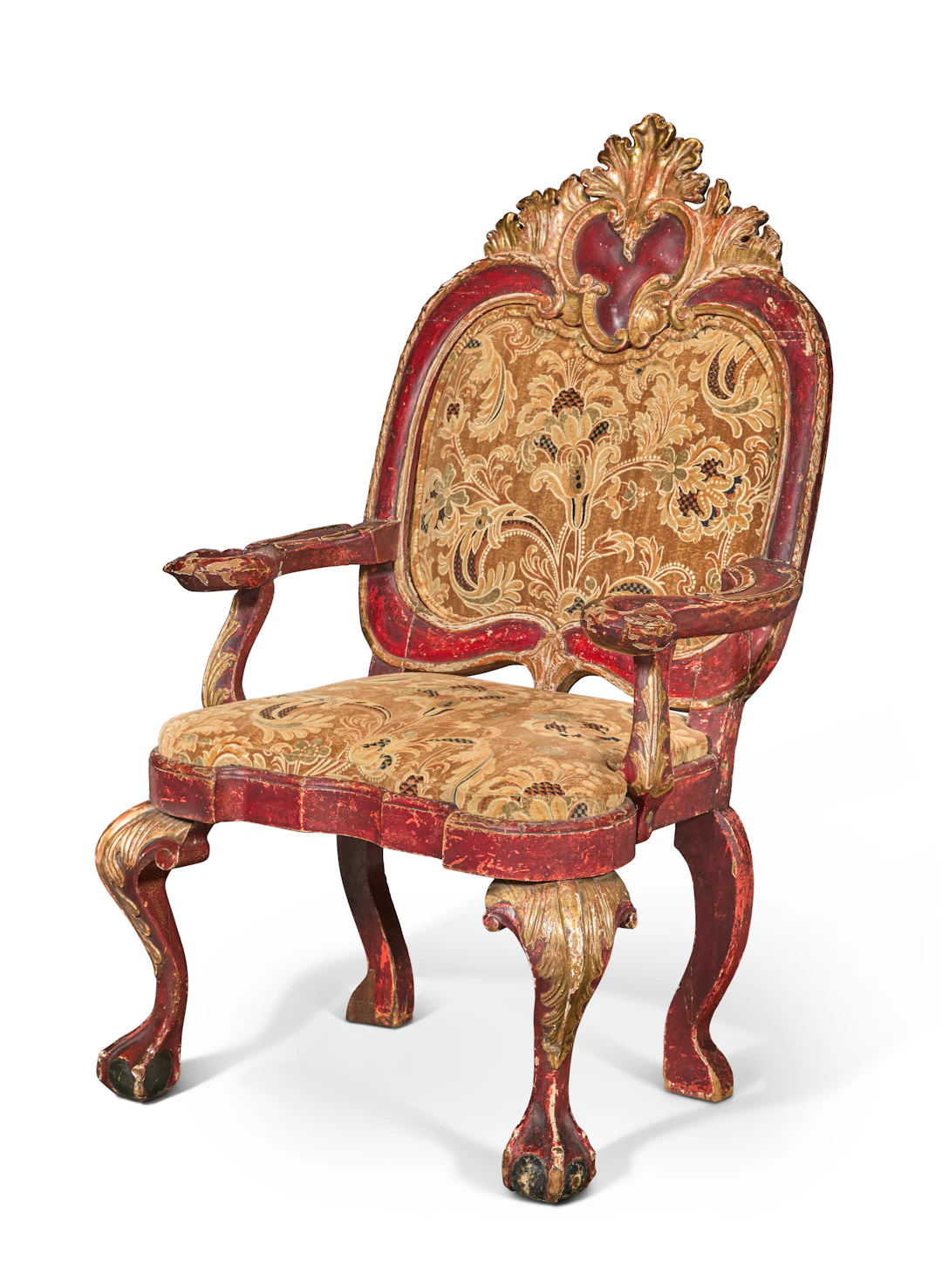 A Spanish Colonial Red-Painted and Parcel-Gilt Armchair