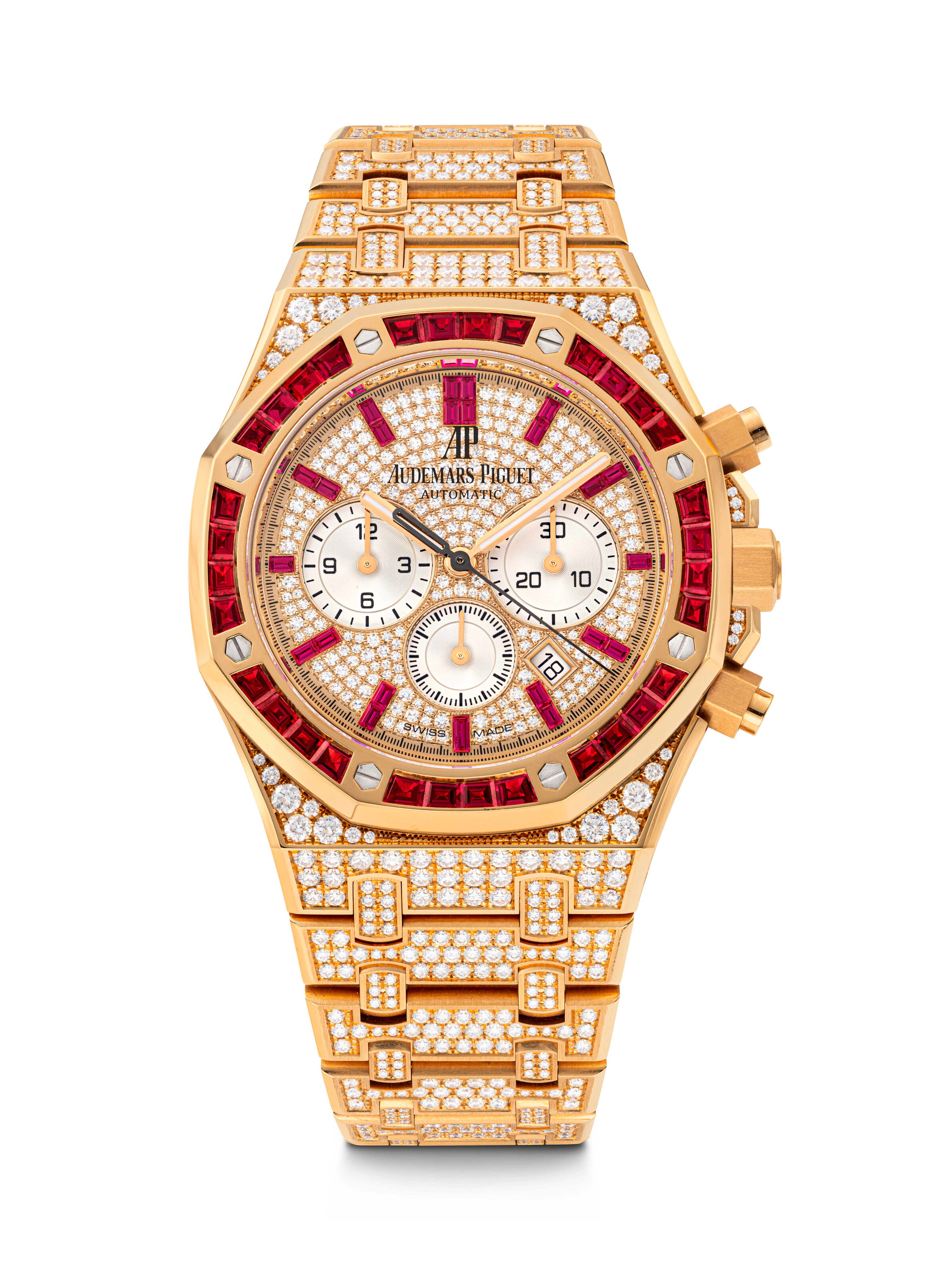 AUDEMARS PIGUET. A FIRST-OF-ITS-KIND AND DAZZLING 18K PINK GOLD, BAGUETTE-CUT