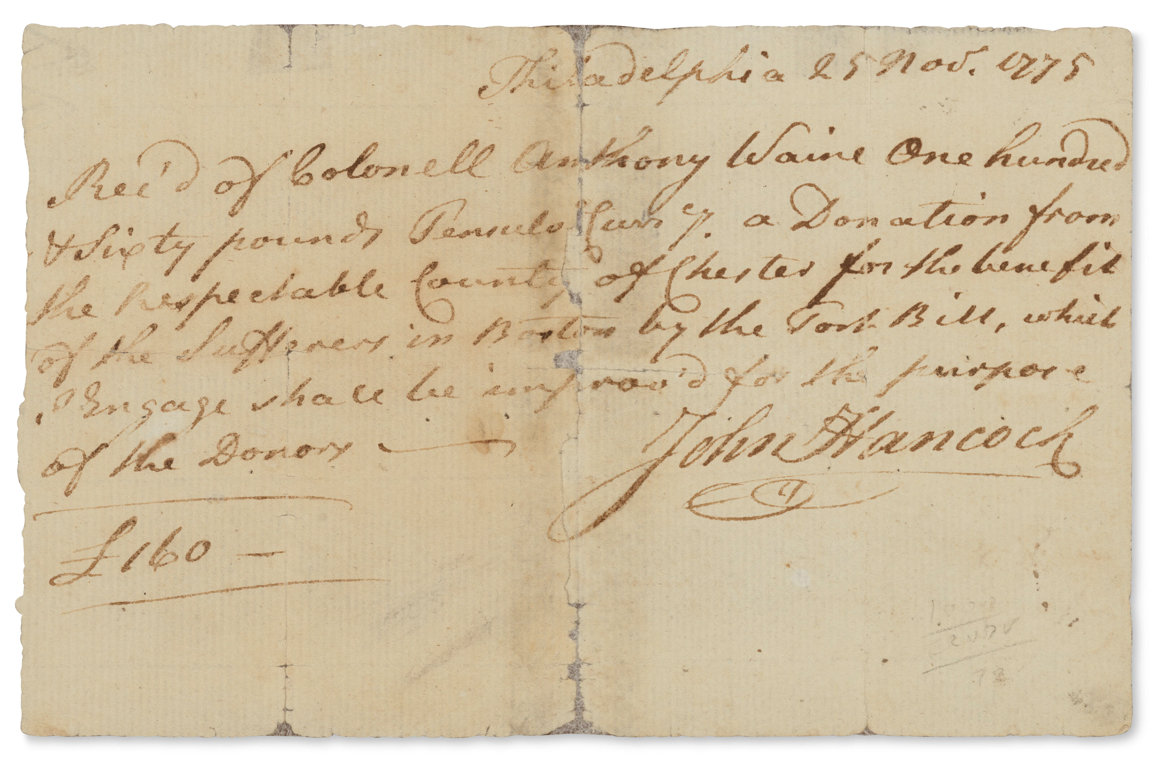 Anthony Wayne Donates Funds for the "Sufferers in Boston"