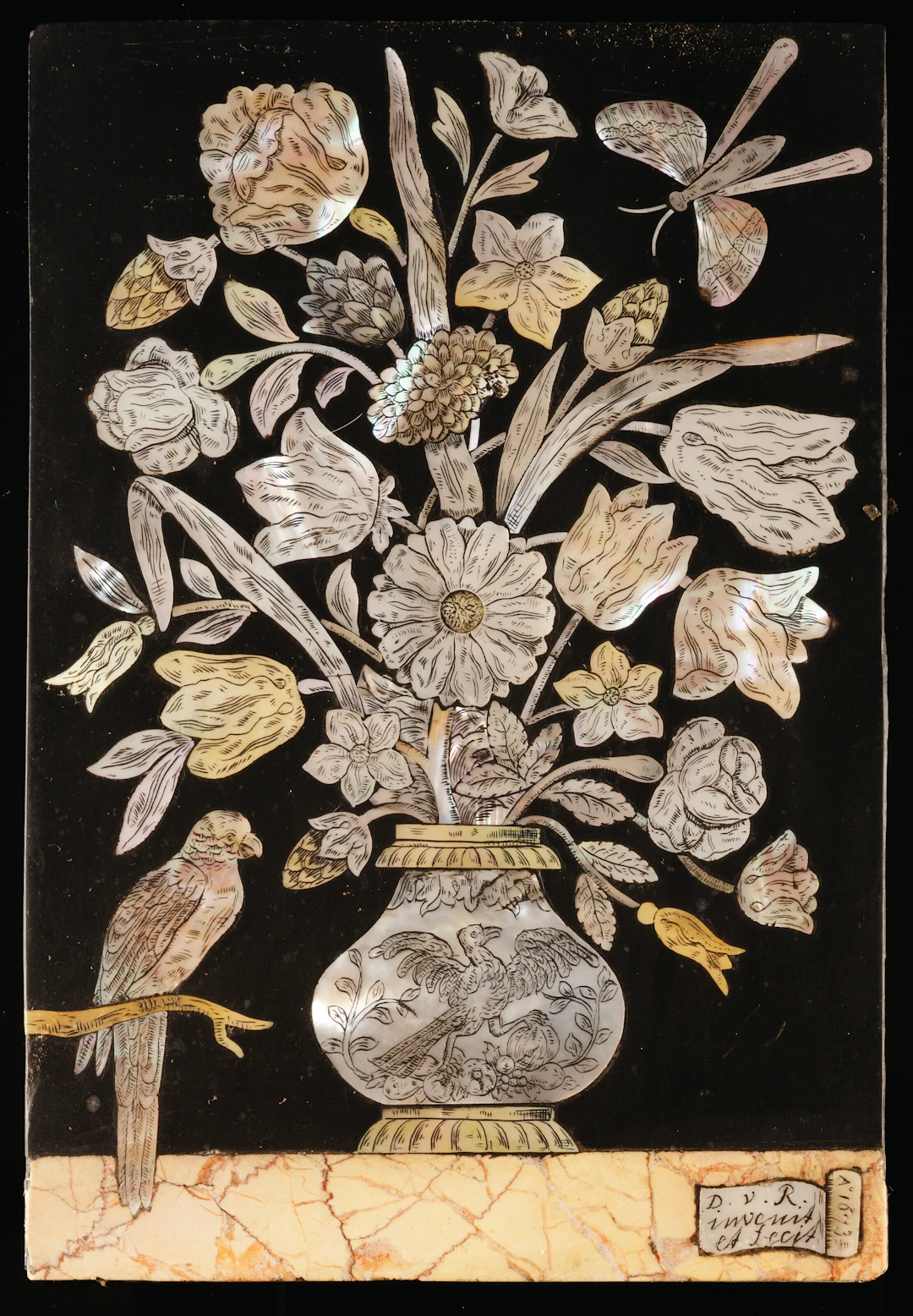 A Dutch Engraved Mother-Of-Pearl Inlaid Touchstone and Breccia Marble Panel
