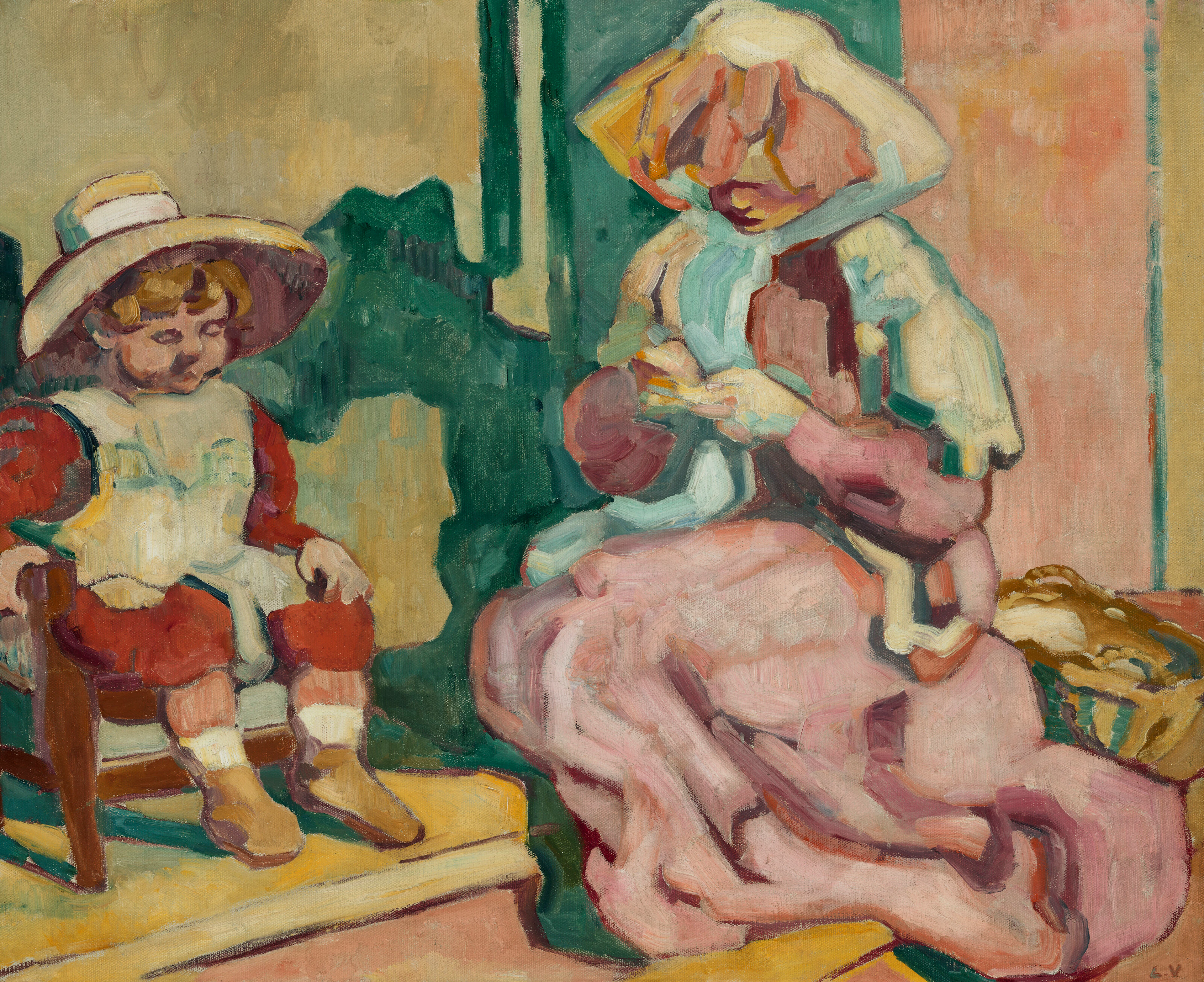 LOUIS VALTAT (1869-1952) La mère cousant et l'enfant au fauteuil