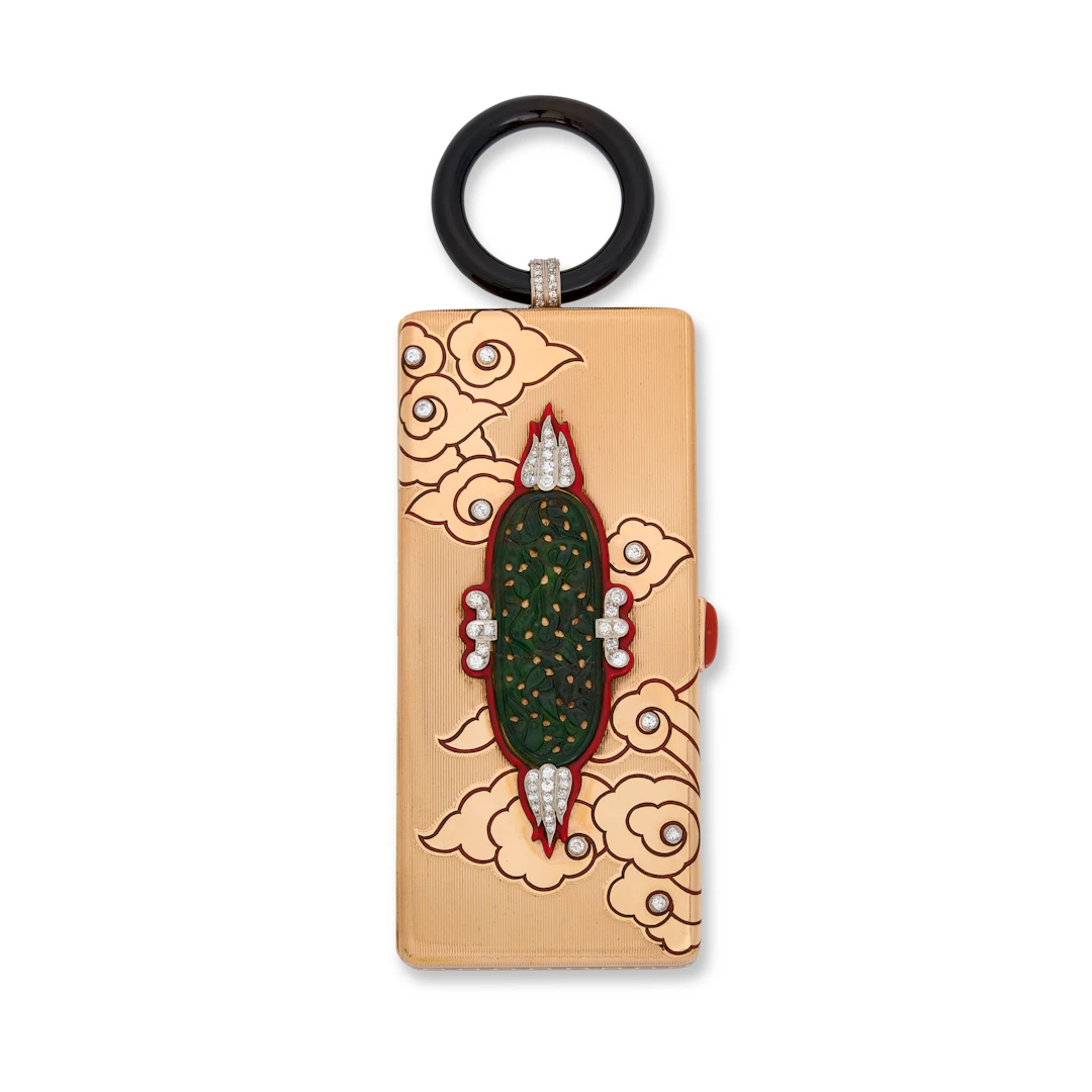 Cartier Art Deco Jade, Coral, Onyx, Diamond and Enamel Vanity Case