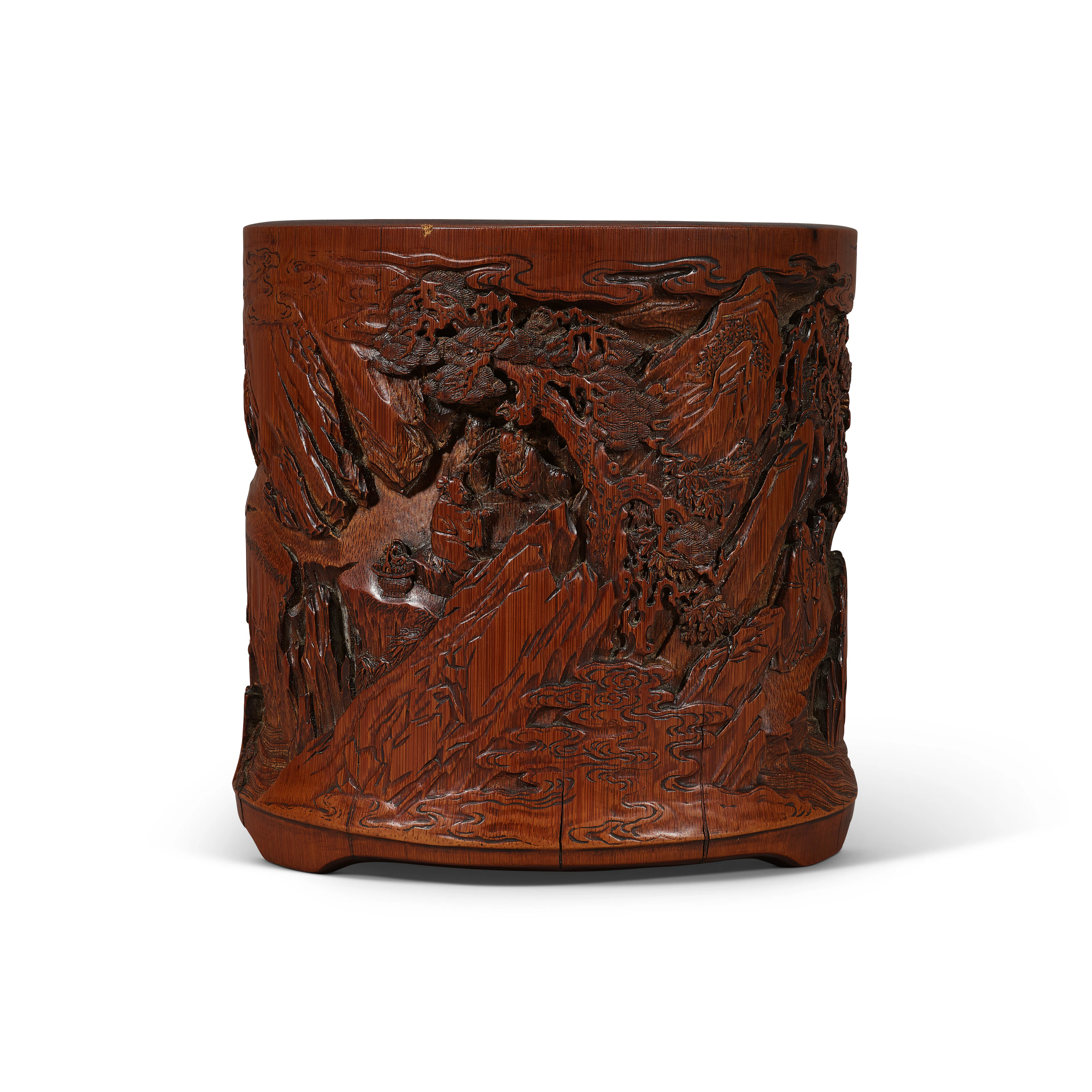 A Finely Carved Bamboo 'Immortals' Brush Pot