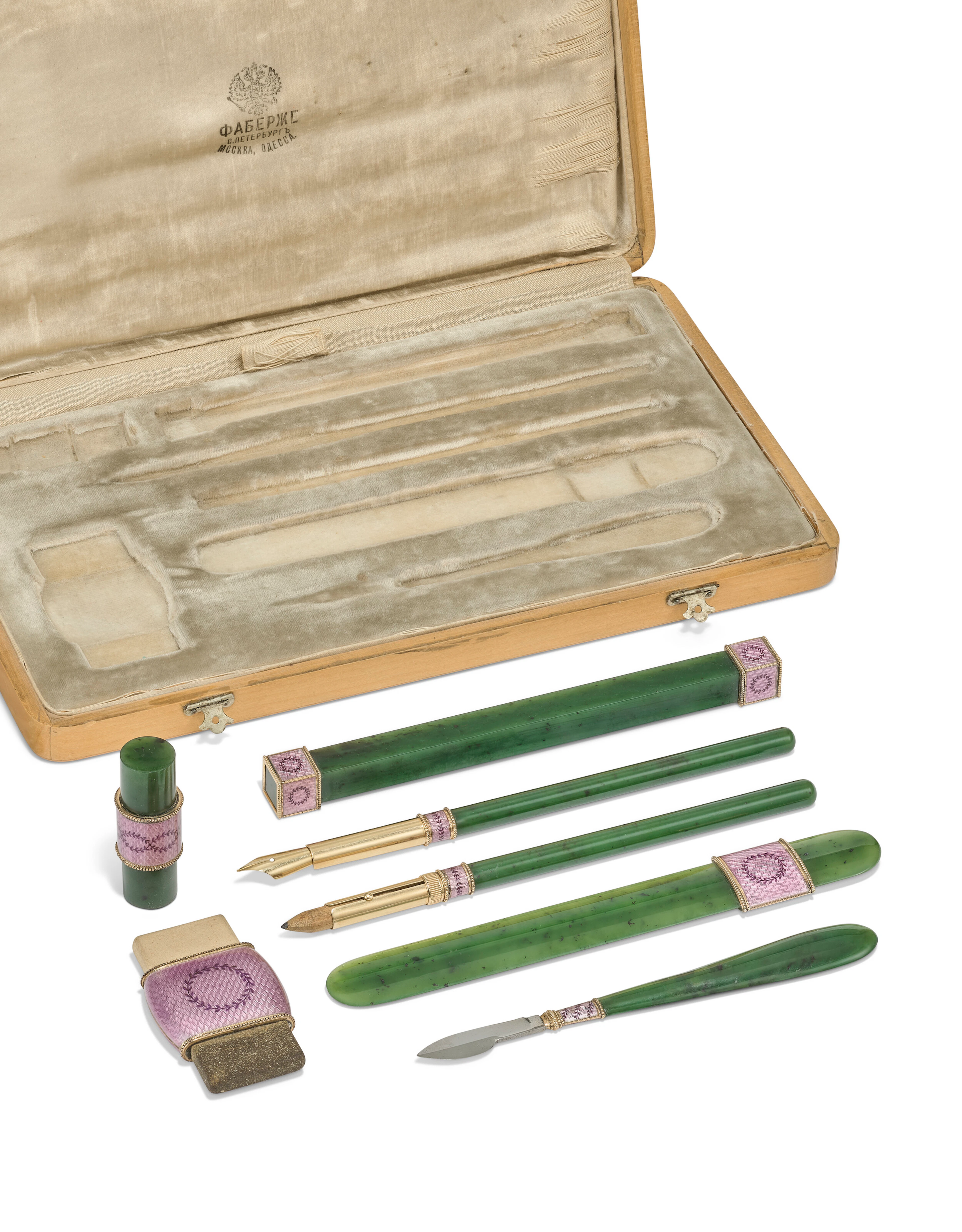 AN IMPERIAL GUILLOCHÉ ENAMEL GOLD-MOUNTED NEPHRITE WRITING SET