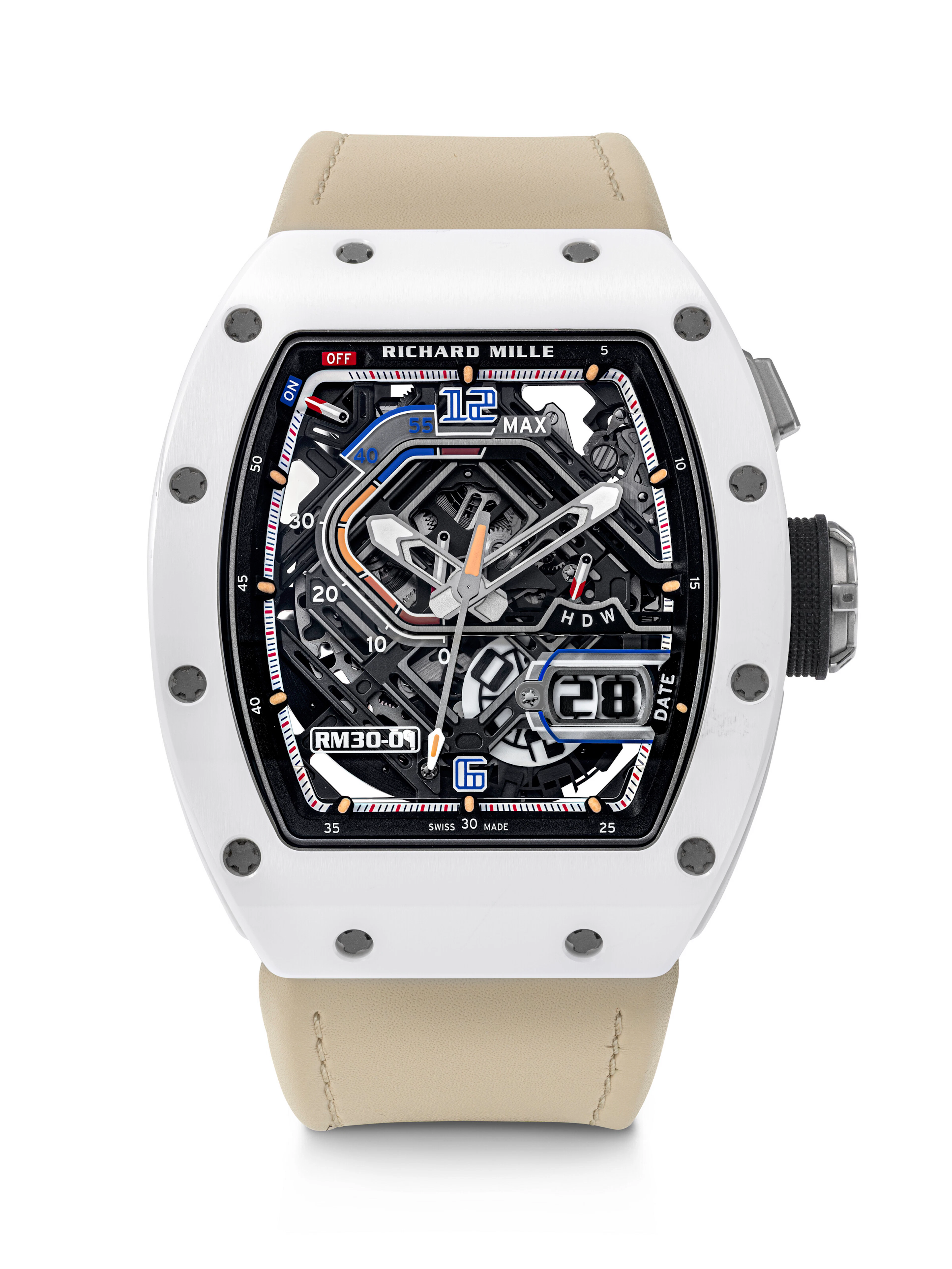 RICHARD MILLE. A RARE AND ATTRACTIVE WHITE ATZ CERAMIC AND TITANIUM
