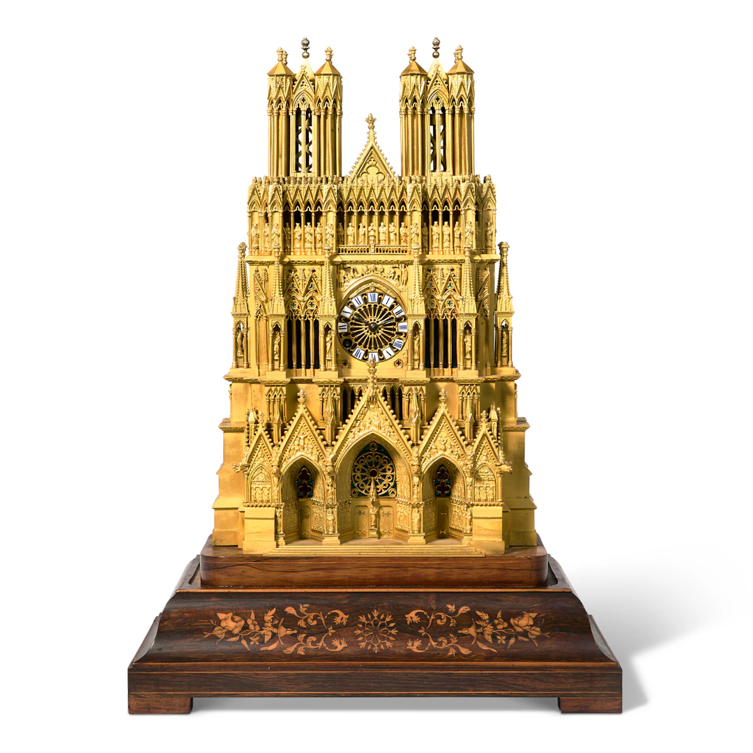 A Charles X Ormolu and Fruitwood Marquetry Reims Cathedral Clock