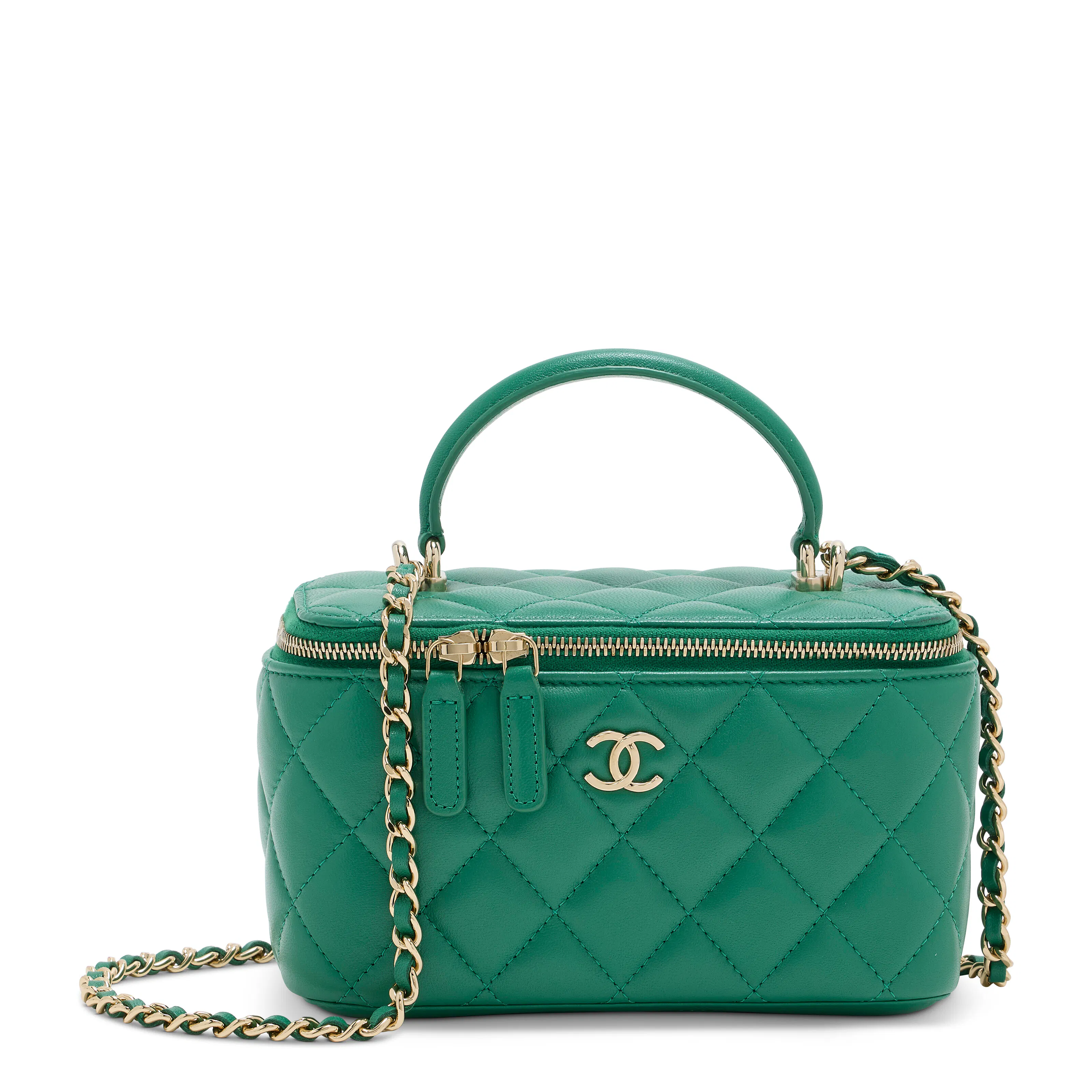 A Green Quilted Lambskin Leather Vanity Case with Silver Hardware