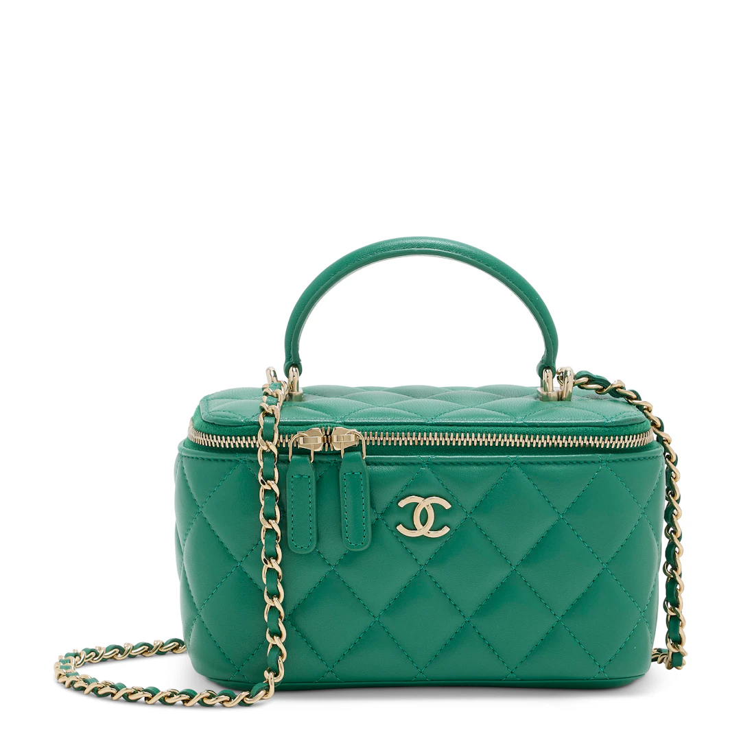 A Green Quilted Lambskin Leather Vanity Case with Silver Hardware