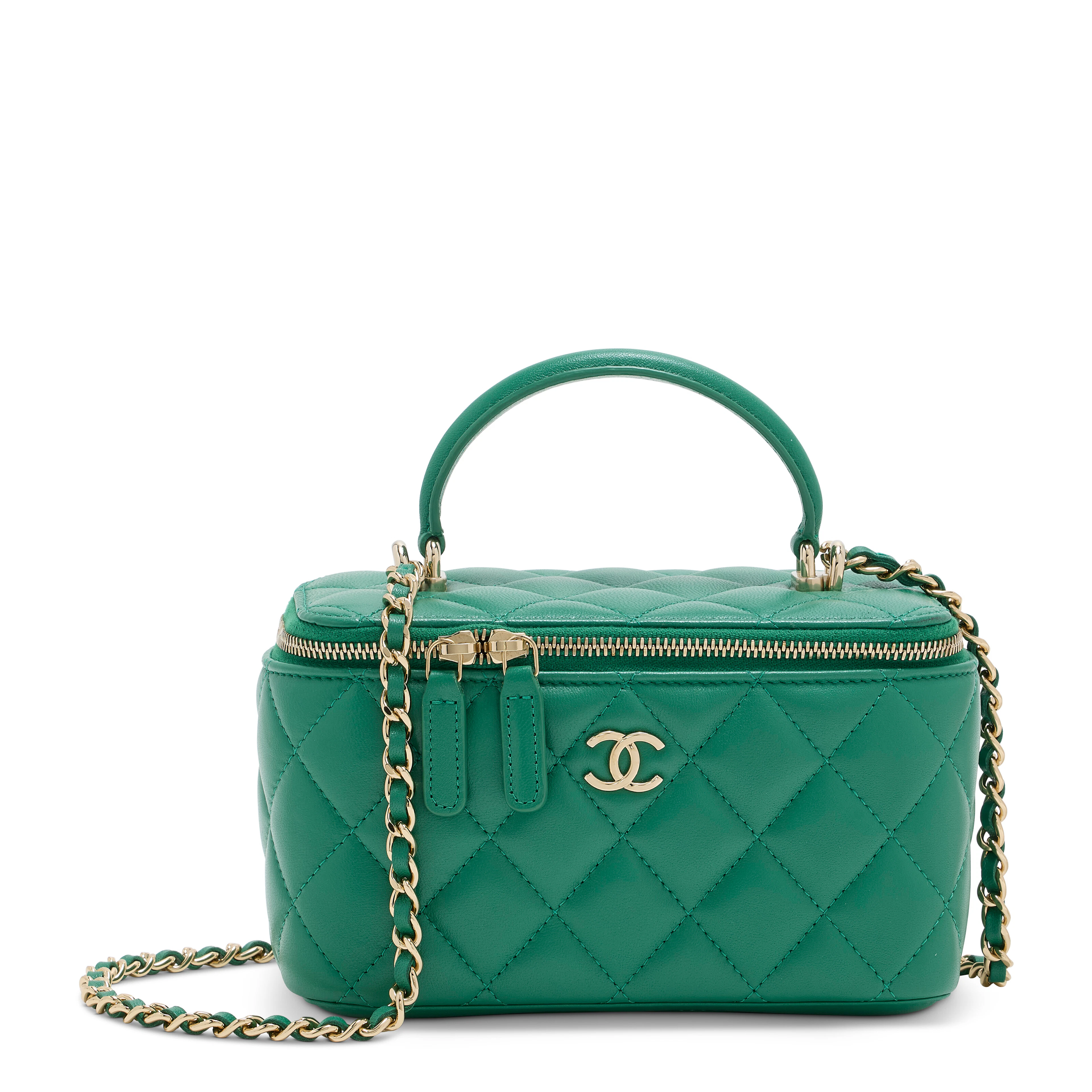 A Green Quilted Lambskin Leather Vanity Case with Silver Hardware