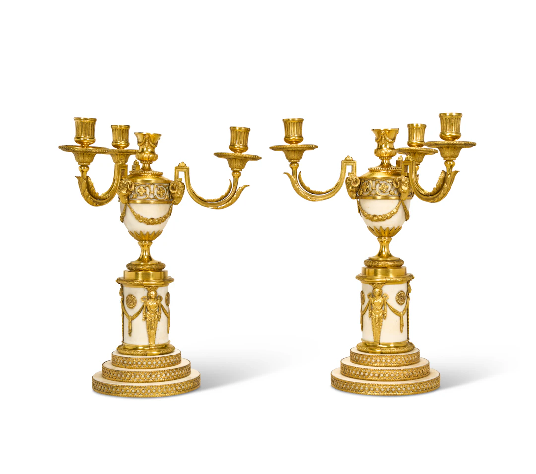 A Pair of English Gilt-Copper-Mounted White Marble Four-Light Vase Candelabra
