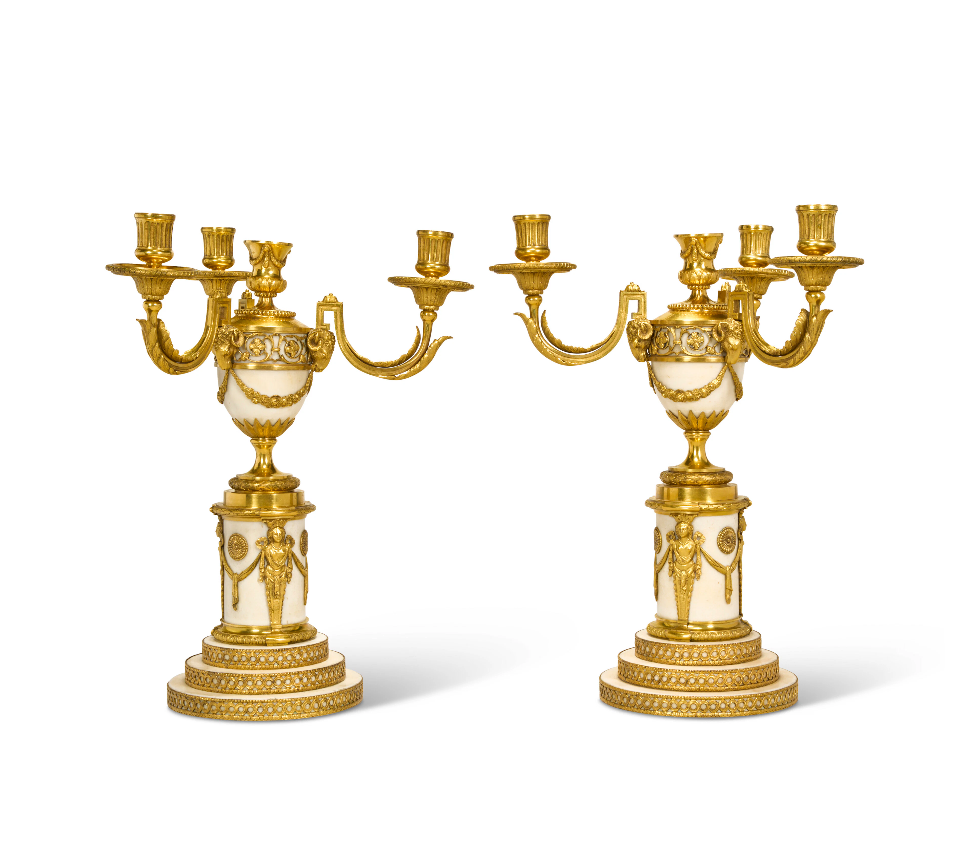 A Pair of English Gilt-Copper-Mounted White Marble Four-Light Vase Candelabra